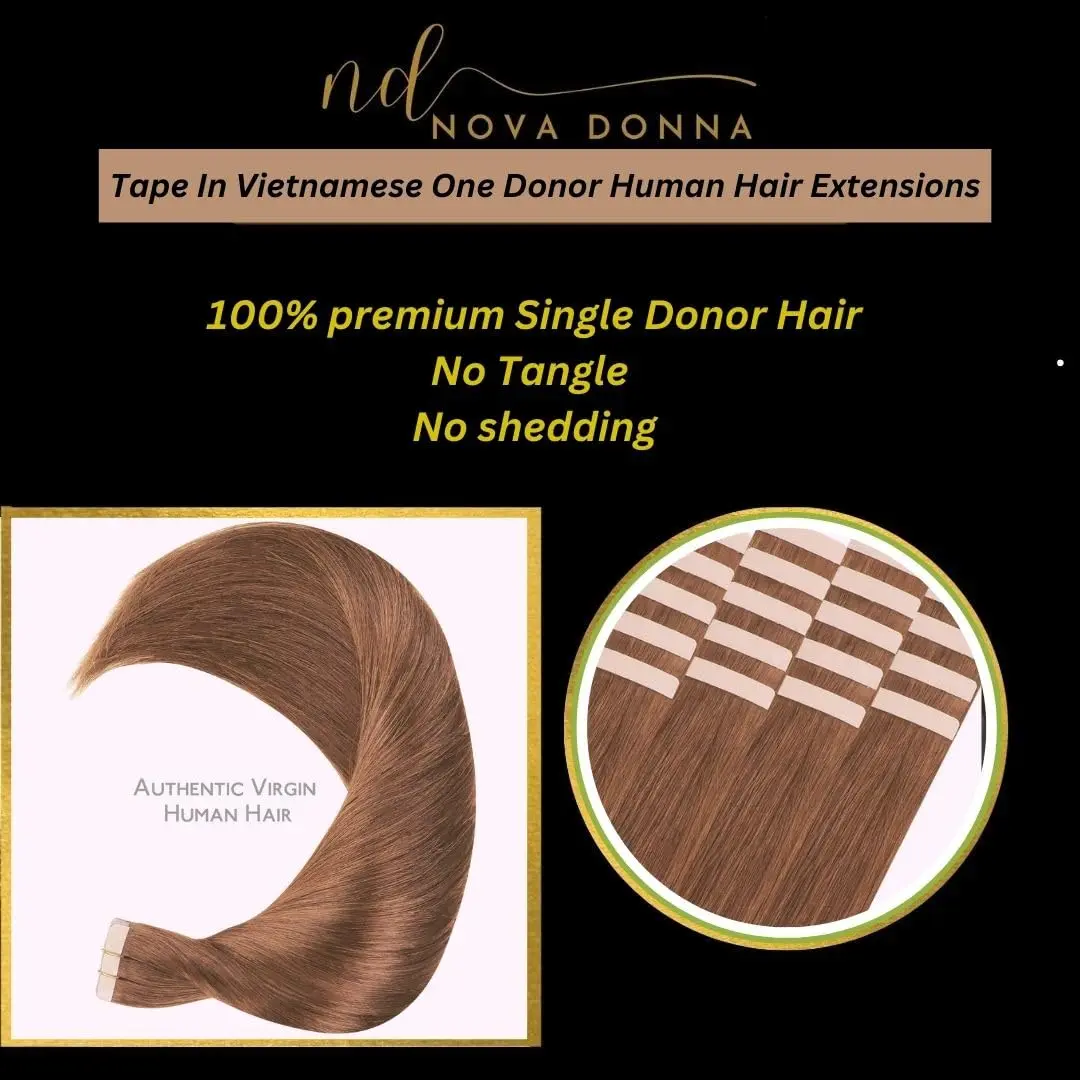 22 inch chocolate light brown tape in hair extensions made from Vietnamese single donor Remy human hair, adding natural length and volume.