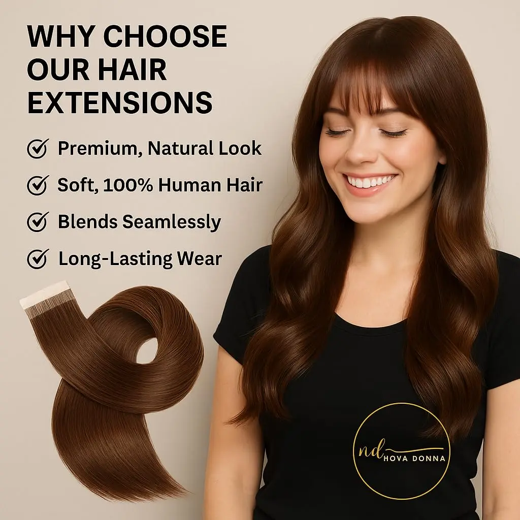22 inch chocolate light brown tape in hair extensions made from Vietnamese single donor Remy human hair, adding natural length and volume.