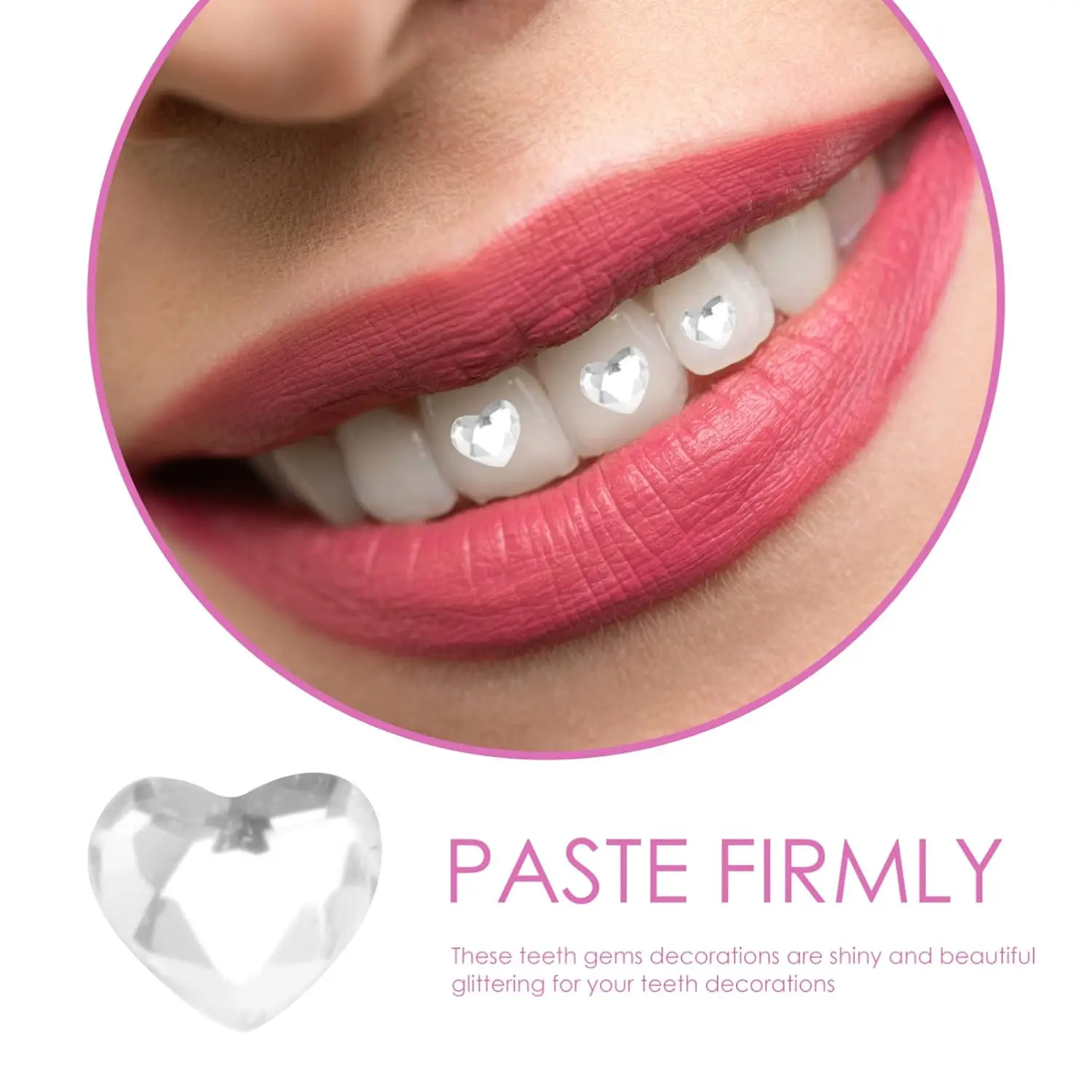 Ten heart-shaped teeth gems for decorating teeth, nails, and face, adding sparkle and fashion to your look.