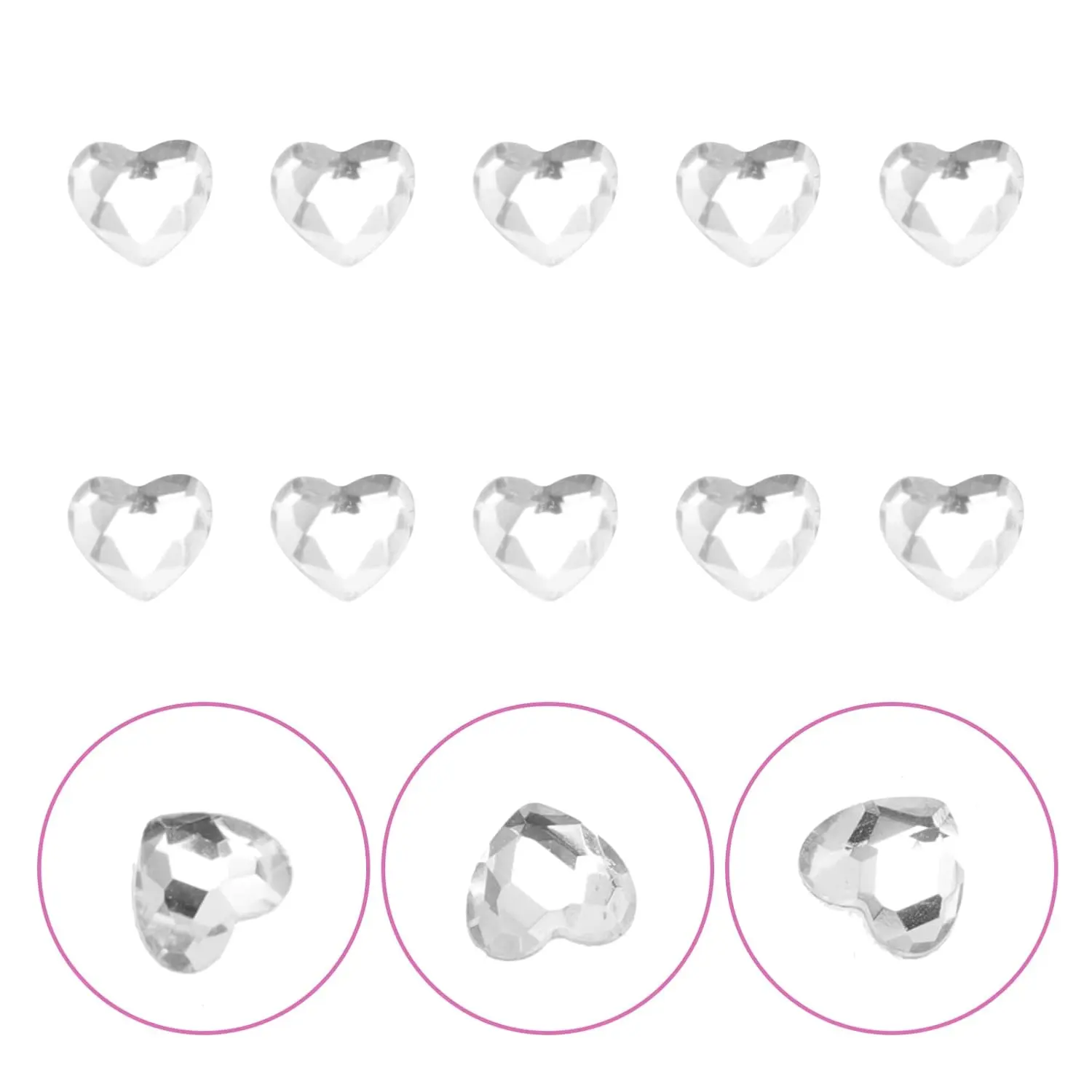 Ten heart-shaped teeth gems for decorating teeth, nails, and face, adding sparkle and fashion to your look.
