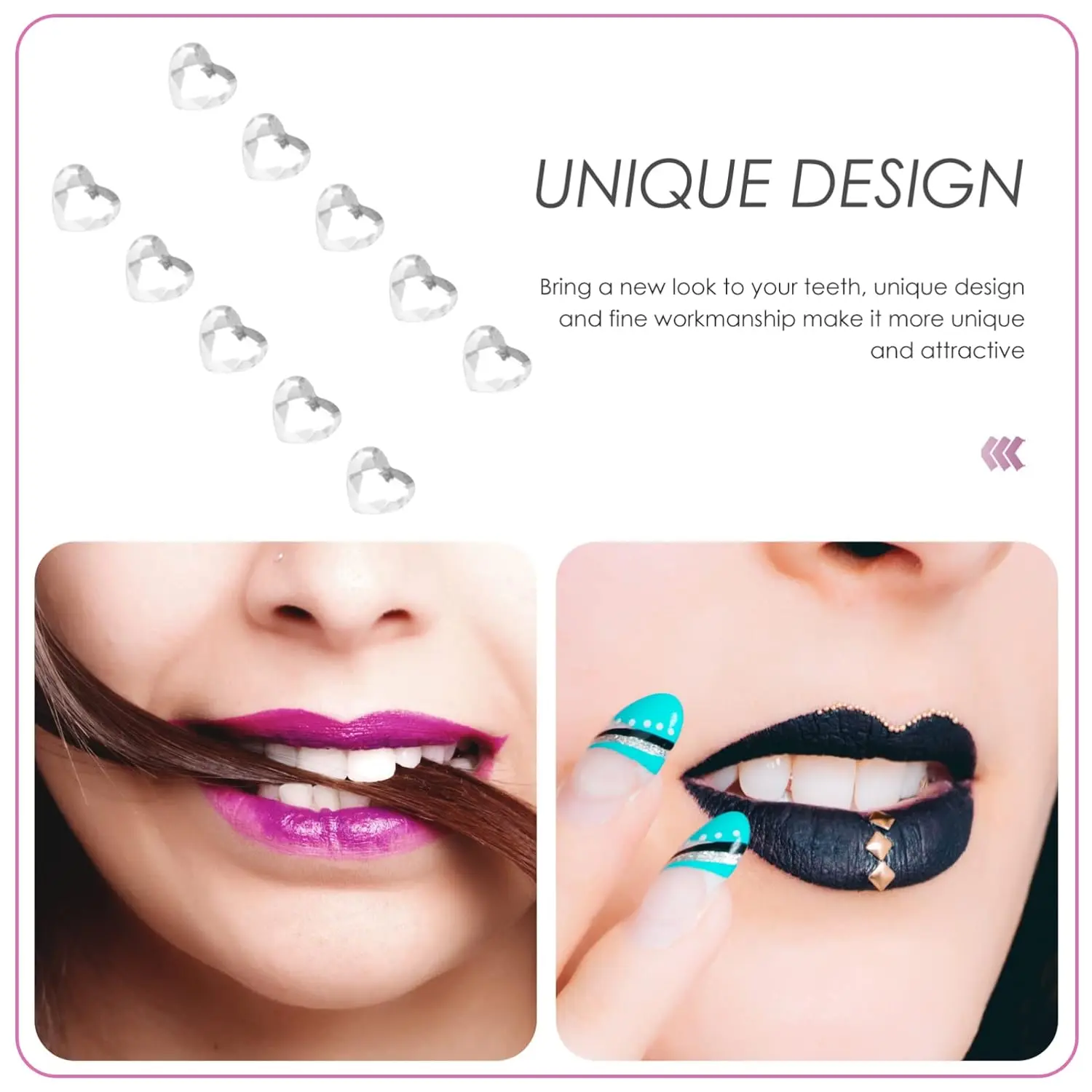 Ten heart-shaped teeth gems for decorating teeth, nails, and face, adding sparkle and fashion to your look.