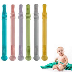 Six colorful, food-grade silicone teether tubes, designed as chew straws, provide safe and soothing relief for babies aged 3-12 months experiencing teething discomfort.