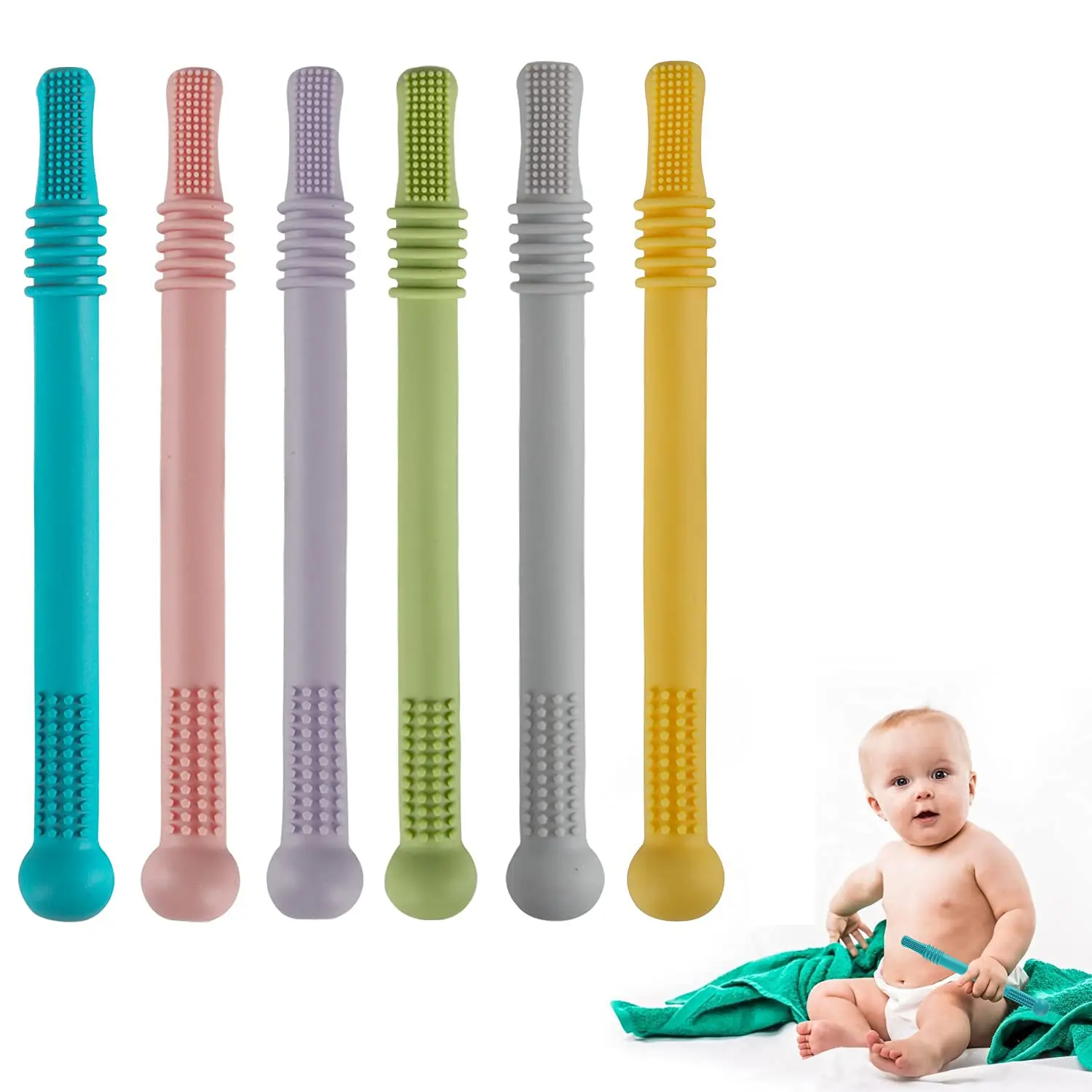 Six colorful, food-grade silicone teether tubes, designed as chew straws, provide safe and soothing relief for babies aged 3-12 months experiencing teething discomfort.