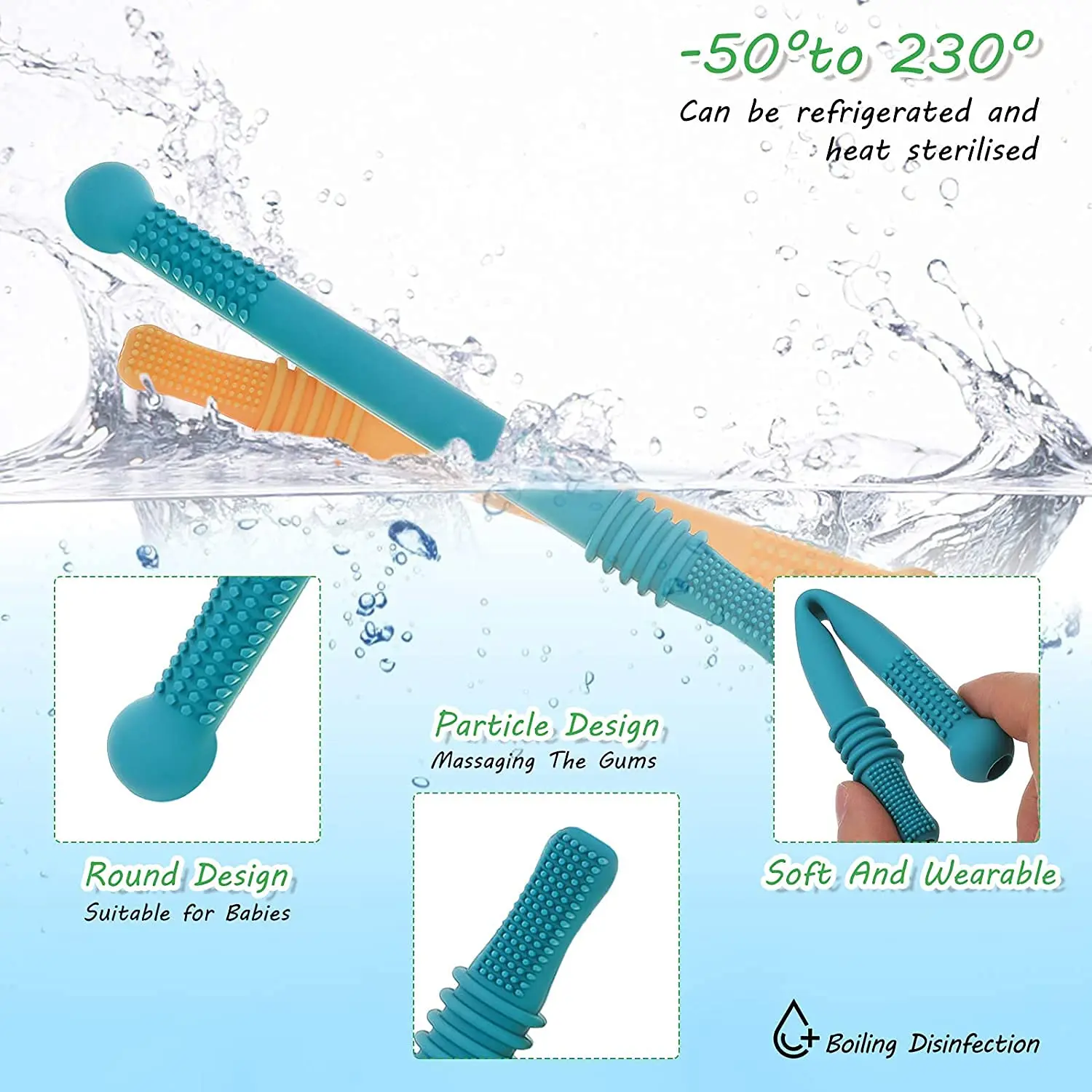 Six colorful, food-grade silicone teether tubes, designed as chew straws, provide safe and soothing relief for babies aged 3-12 months experiencing teething discomfort.