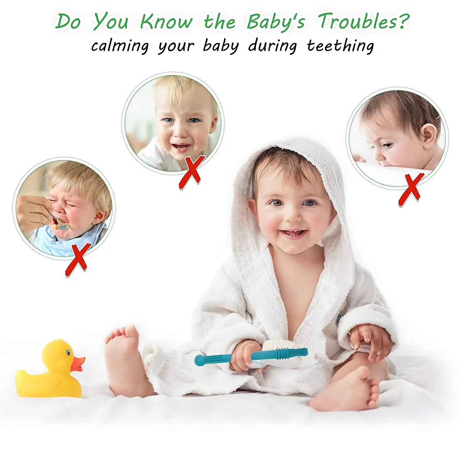 Six colorful, food-grade silicone teether tubes, designed as chew straws, provide safe and soothing relief for babies aged 3-12 months experiencing teething discomfort.