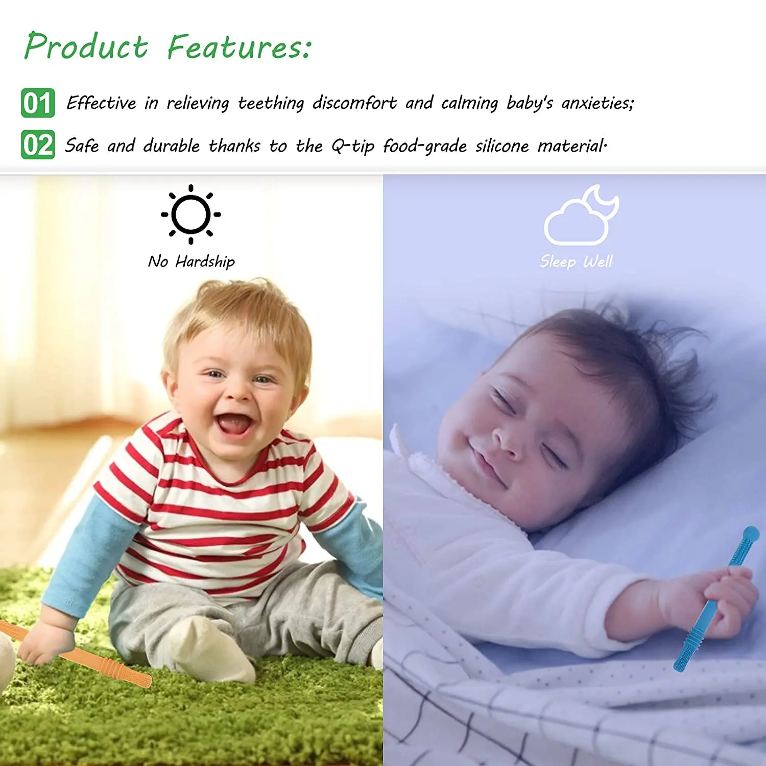 Six colorful, food-grade silicone teether tubes, designed as chew straws, provide safe and soothing relief for babies aged 3-12 months experiencing teething discomfort.