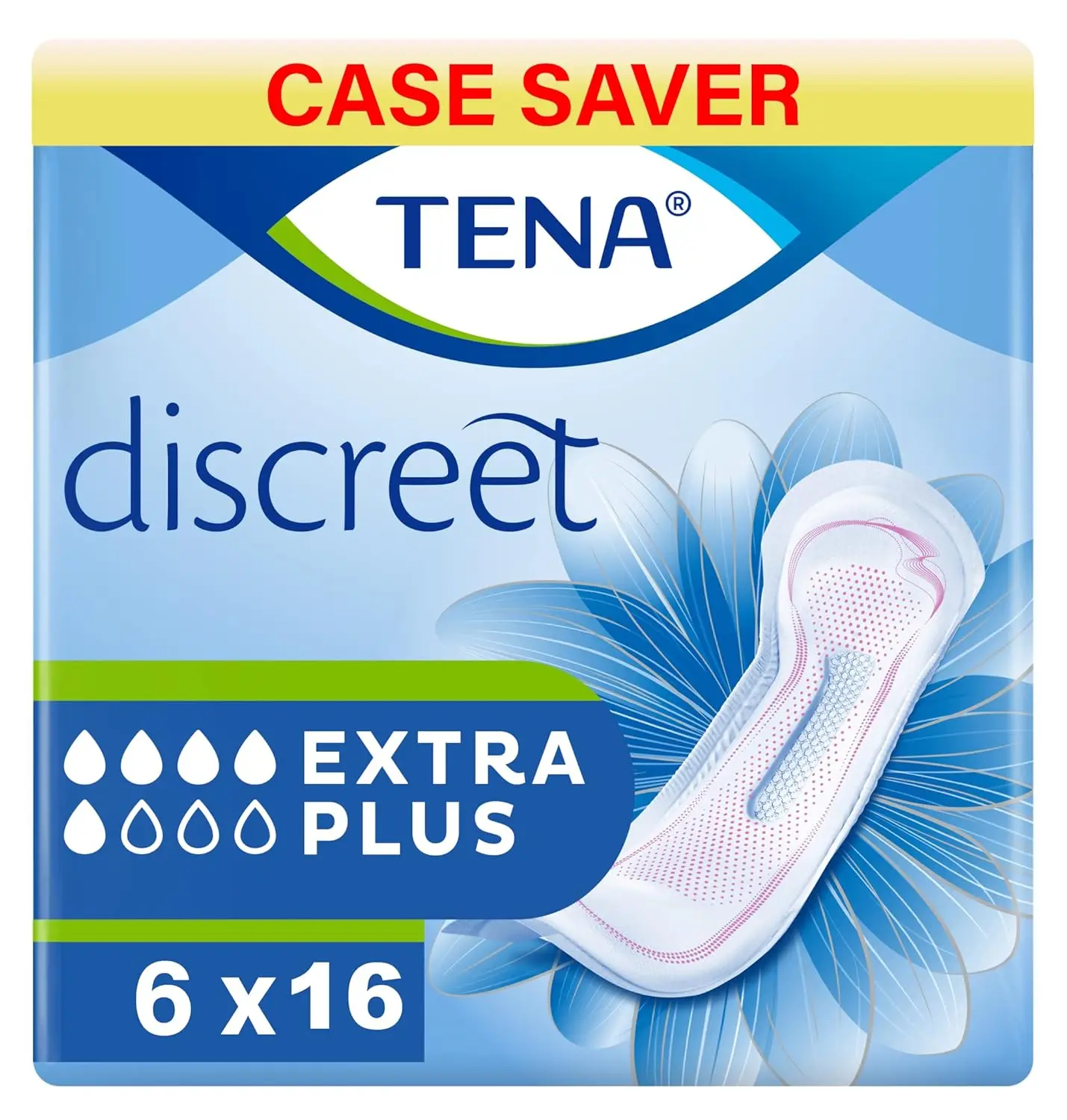 Ninety-six individually wrapped TENA Lady Extra Plus incontinence pads offering triple protection from leaks, moisture, and odors for women experiencing medium to heavy bladder weakness.