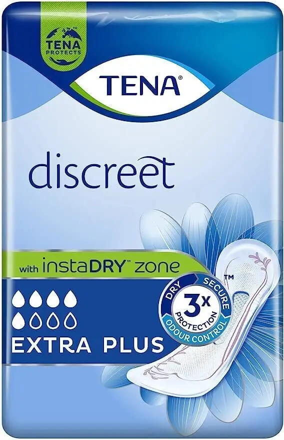 Ninety-six individually wrapped TENA Lady Extra Plus incontinence pads offering triple protection from leaks, moisture, and odors for women experiencing medium to heavy bladder weakness.