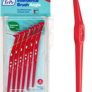 A pack of six red TePe Angled 0.5mm interdental brushes designed for cleaning between teeth to remove debris and maintain healthy gums.