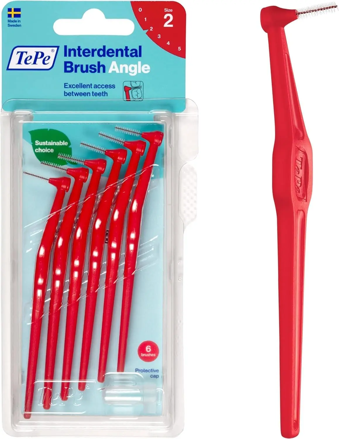 A pack of six red TePe Angled 0.5mm interdental brushes designed for cleaning between teeth to remove debris and maintain healthy gums.