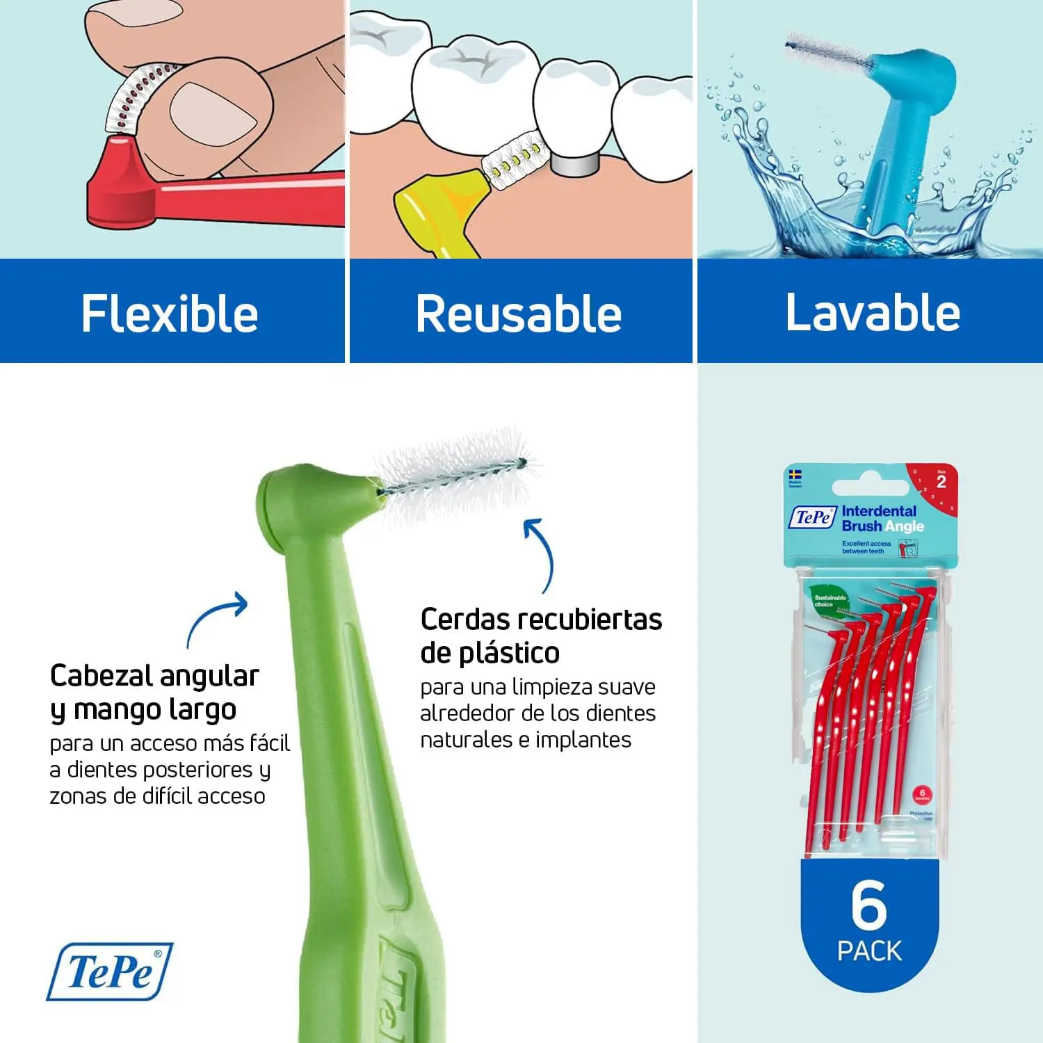 A pack of six red TePe Angled 0.5mm interdental brushes designed for cleaning between teeth to remove debris and maintain healthy gums.