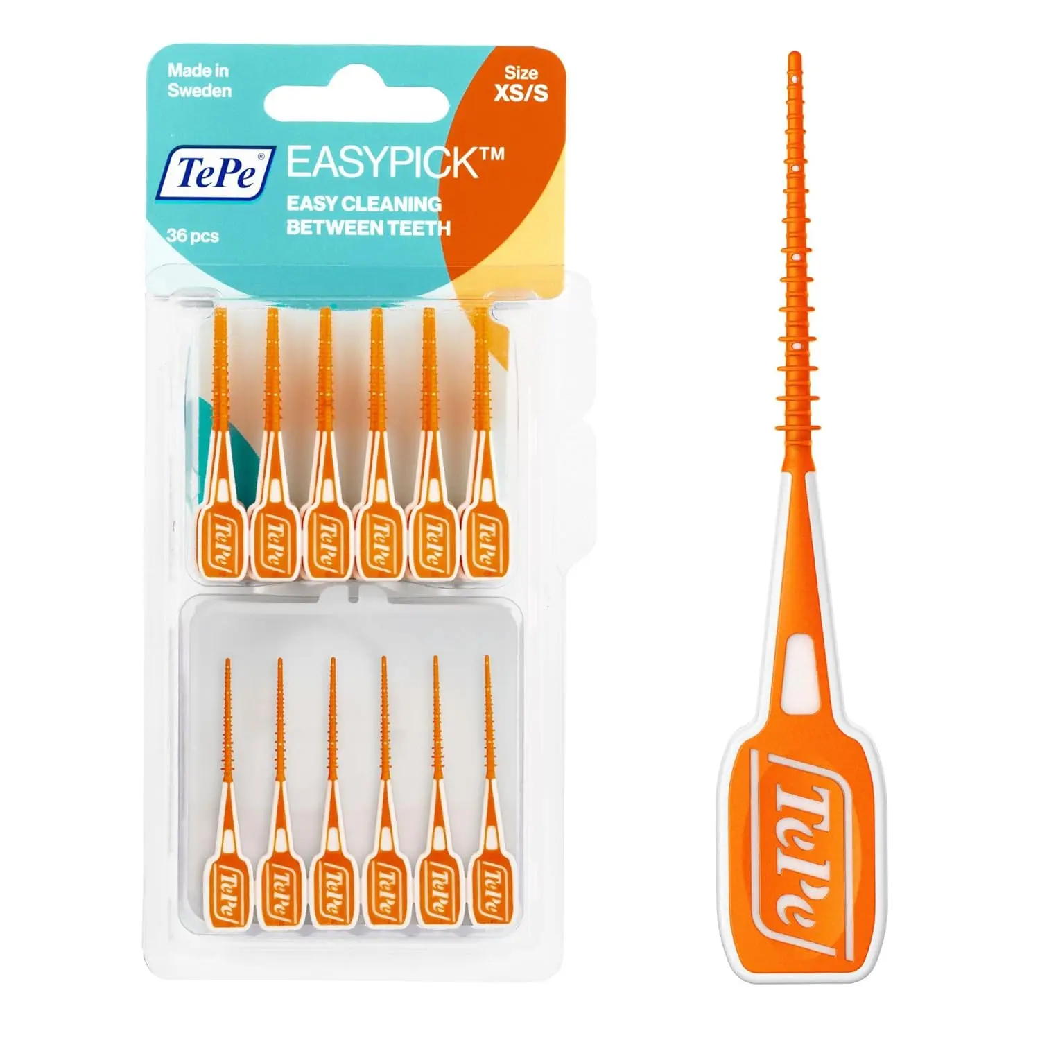 A pack of 36 orange TePe EasyPick toothpicks in size XS-S, designed for efficient and gentle plaque removal between narrow teeth gaps.