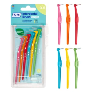 A mixed pack of TePe Angle interdental brushes in various sizes for cleaning between teeth and promoting gum health.