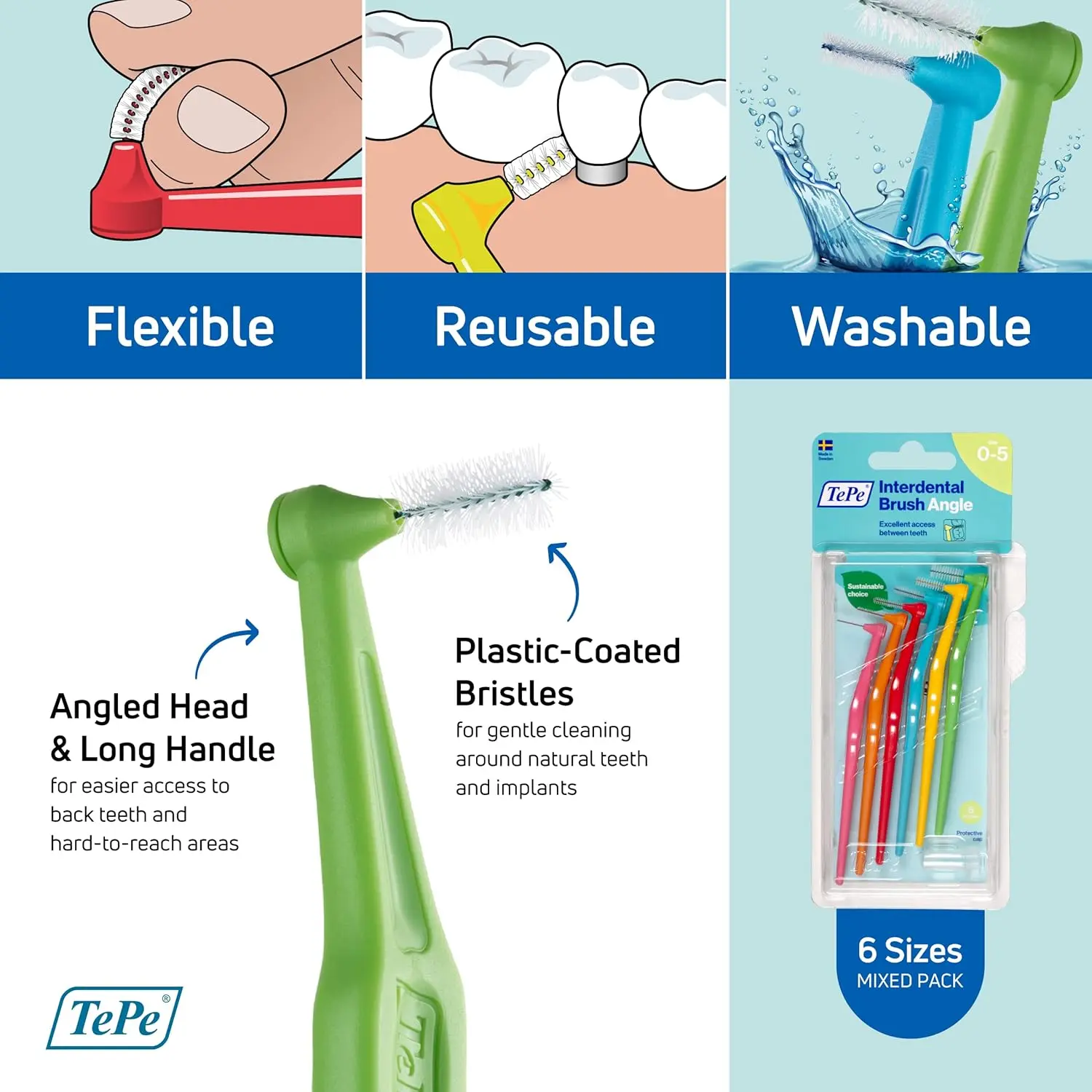 A mixed pack of TePe Angle interdental brushes in various sizes for cleaning between teeth and promoting gum health.