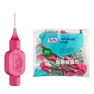 A pack of 25 pink TePe original interdental brushes, size 0.4 mm, featuring a plastic-sheathed wire gentle on teeth and gums, ideal for implant and multi-band device cleaning.