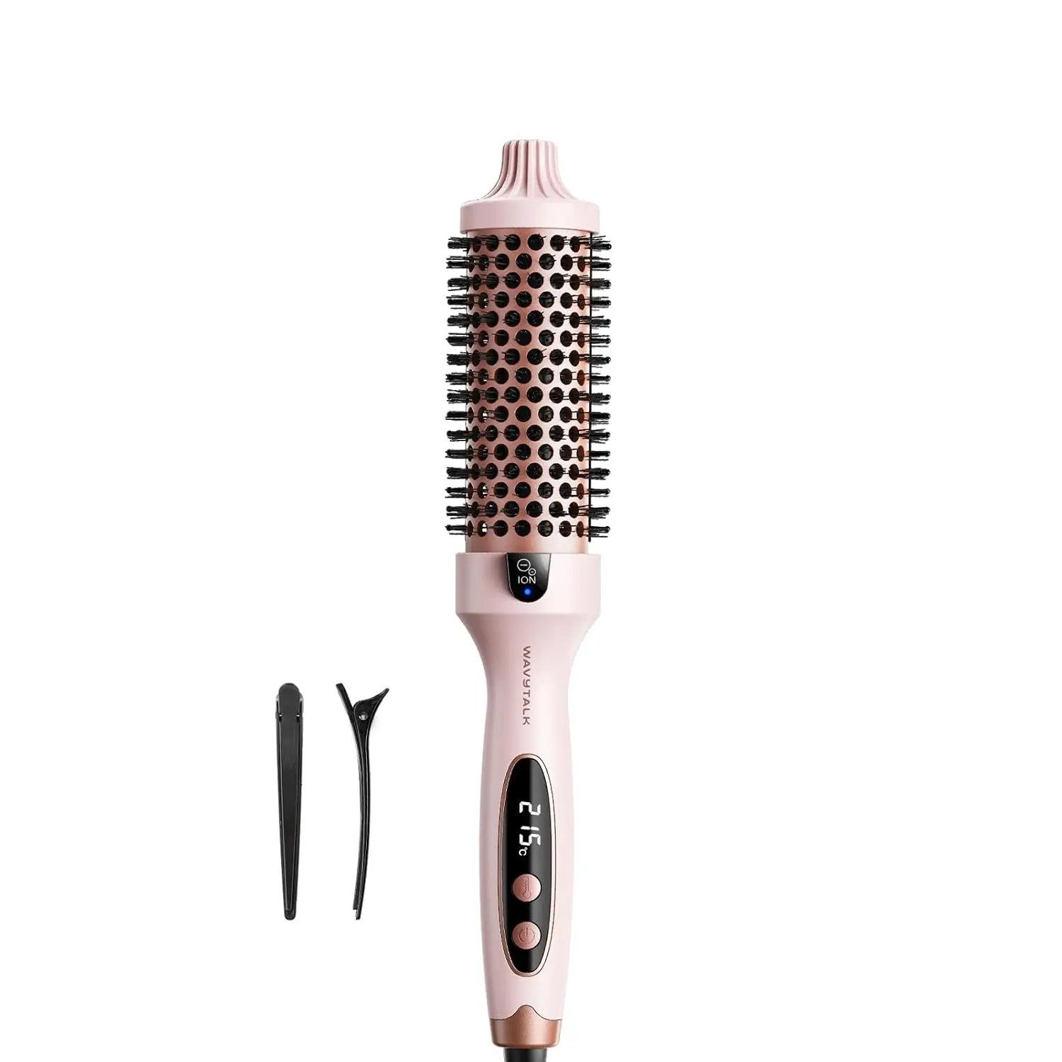 Pink Wavytalk thermal brush with negative ion technology for creating voluminous curls and a smooth, frizz-free blowout look with less heat damage.