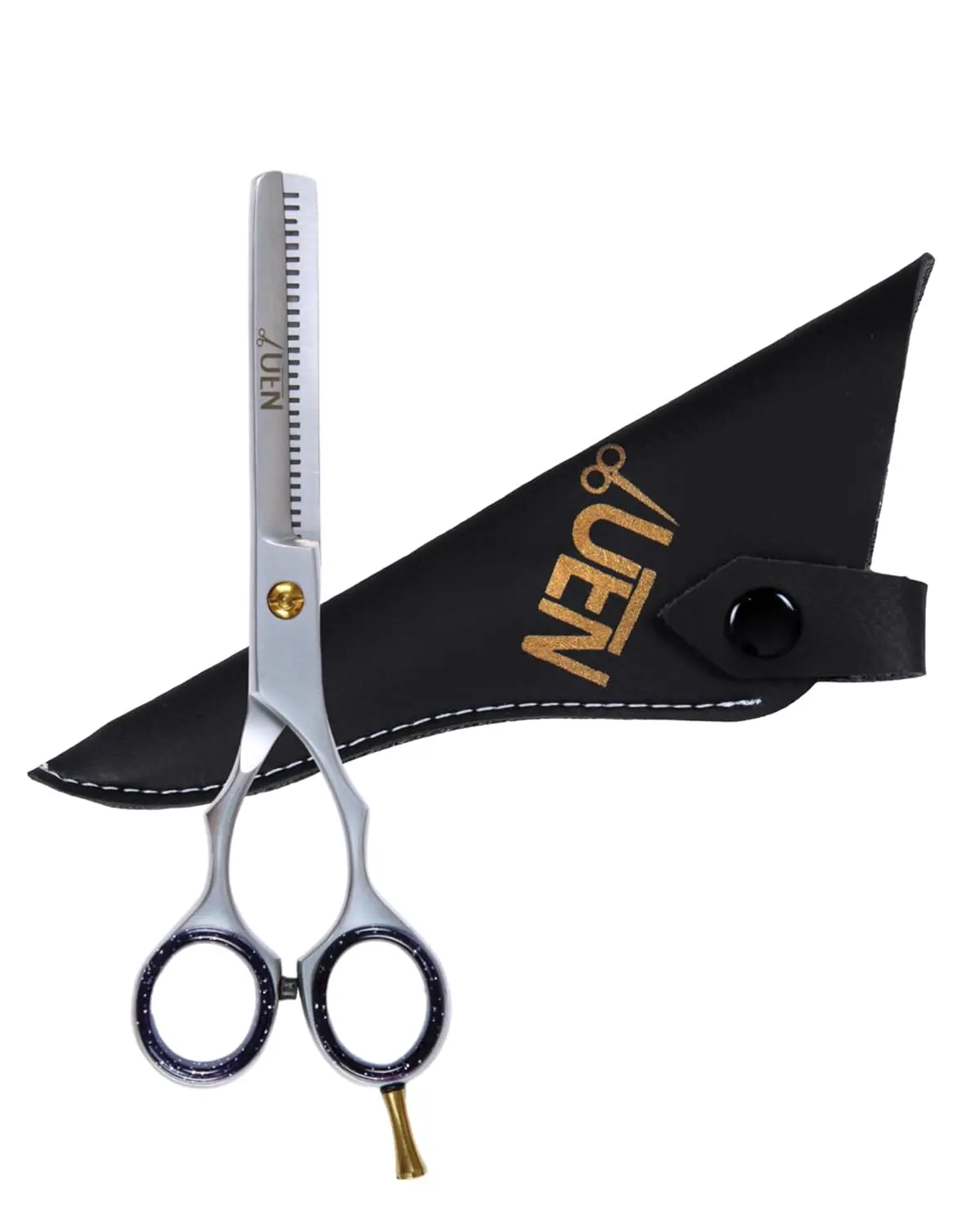 Professional thinning shears with stainless steel construction and ergonomic design, ideal for texturizing hair at home or in the salon.