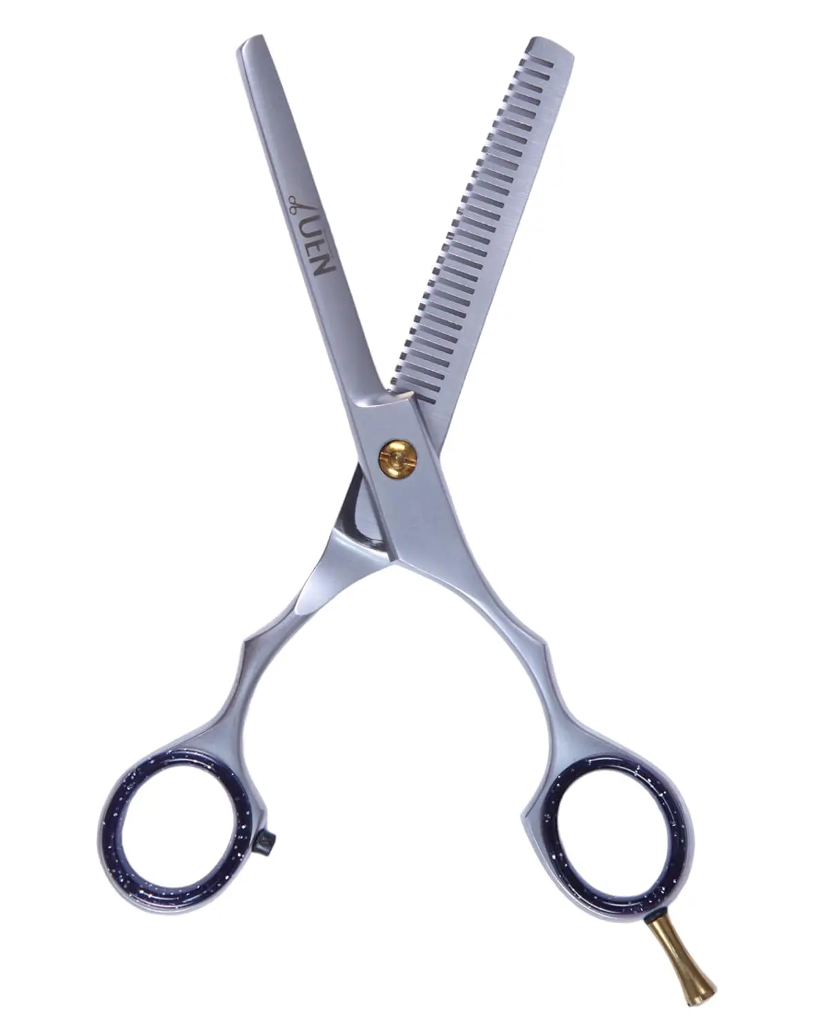 Professional thinning shears with stainless steel construction and ergonomic design, ideal for texturizing hair at home or in the salon.