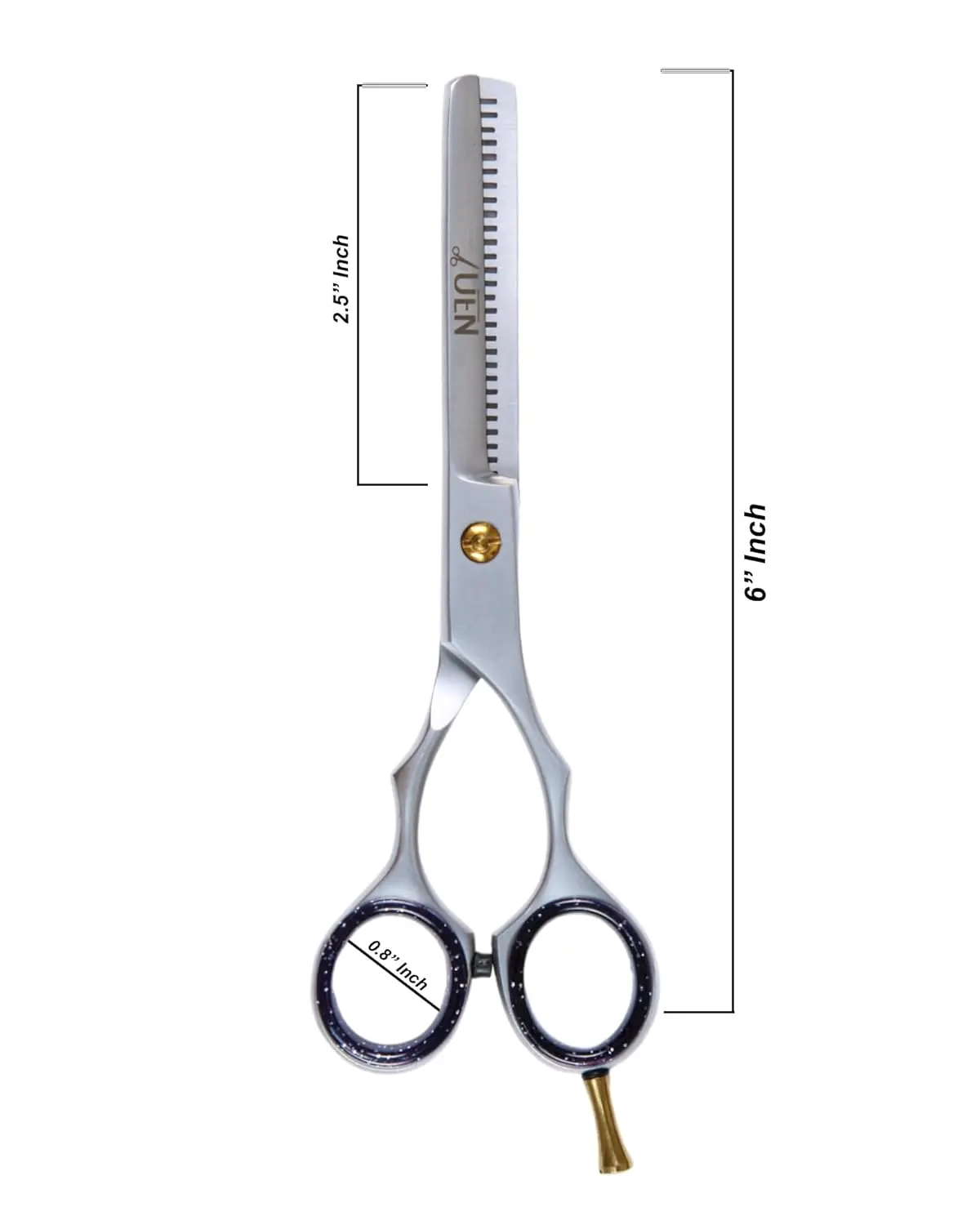 Professional thinning shears with stainless steel construction and ergonomic design, ideal for texturizing hair at home or in the salon.