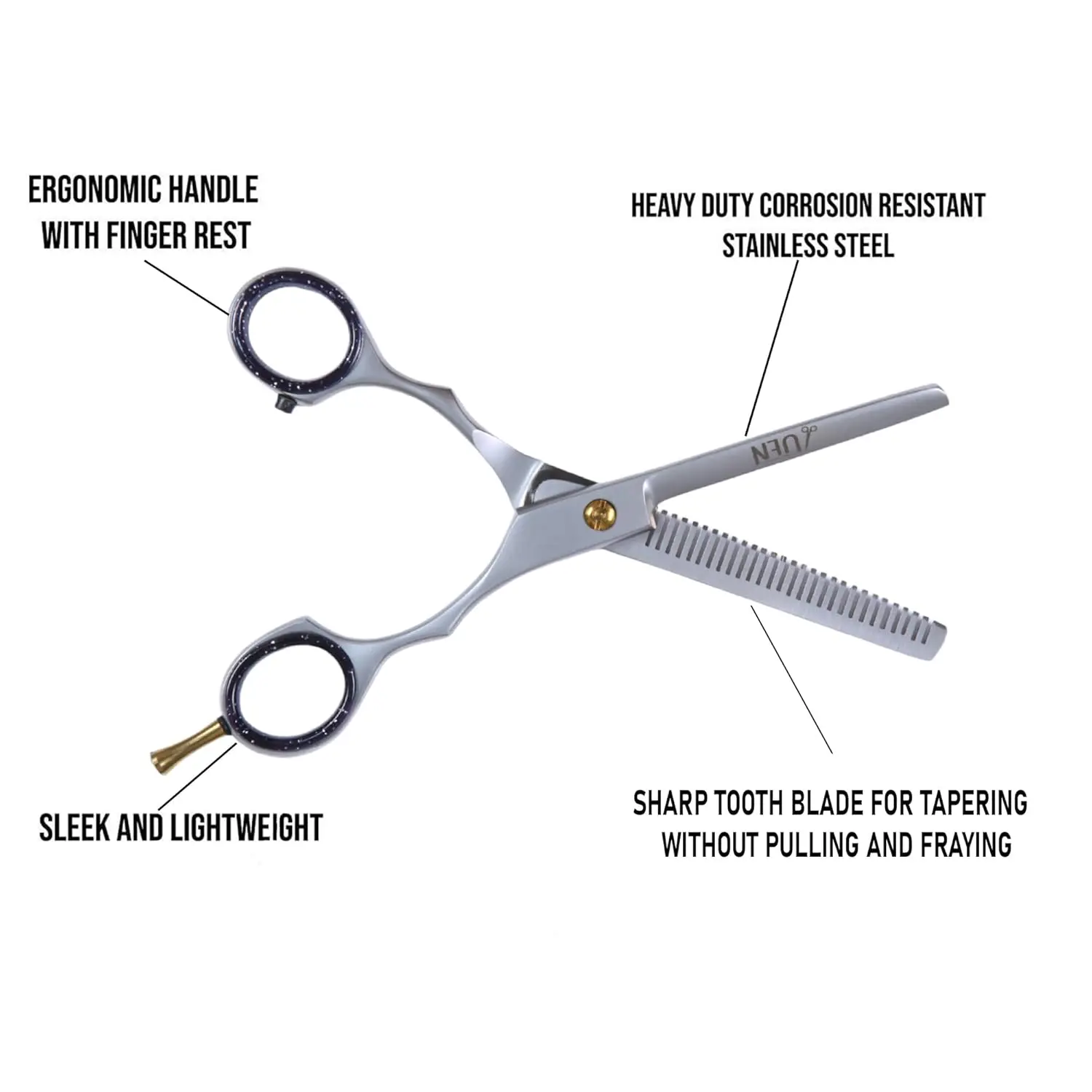 Professional thinning shears with stainless steel construction and ergonomic design, ideal for texturizing hair at home or in the salon.