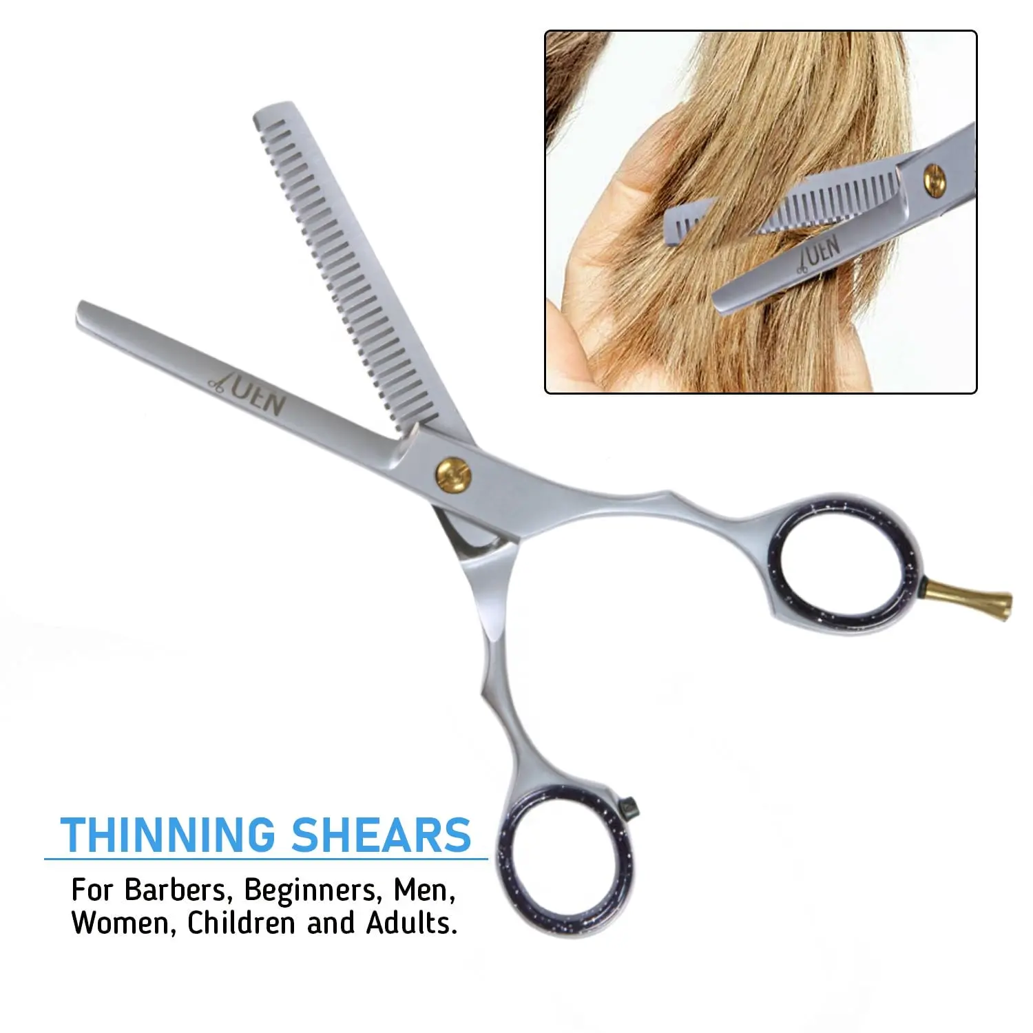 Professional thinning shears with stainless steel construction and ergonomic design, ideal for texturizing hair at home or in the salon.