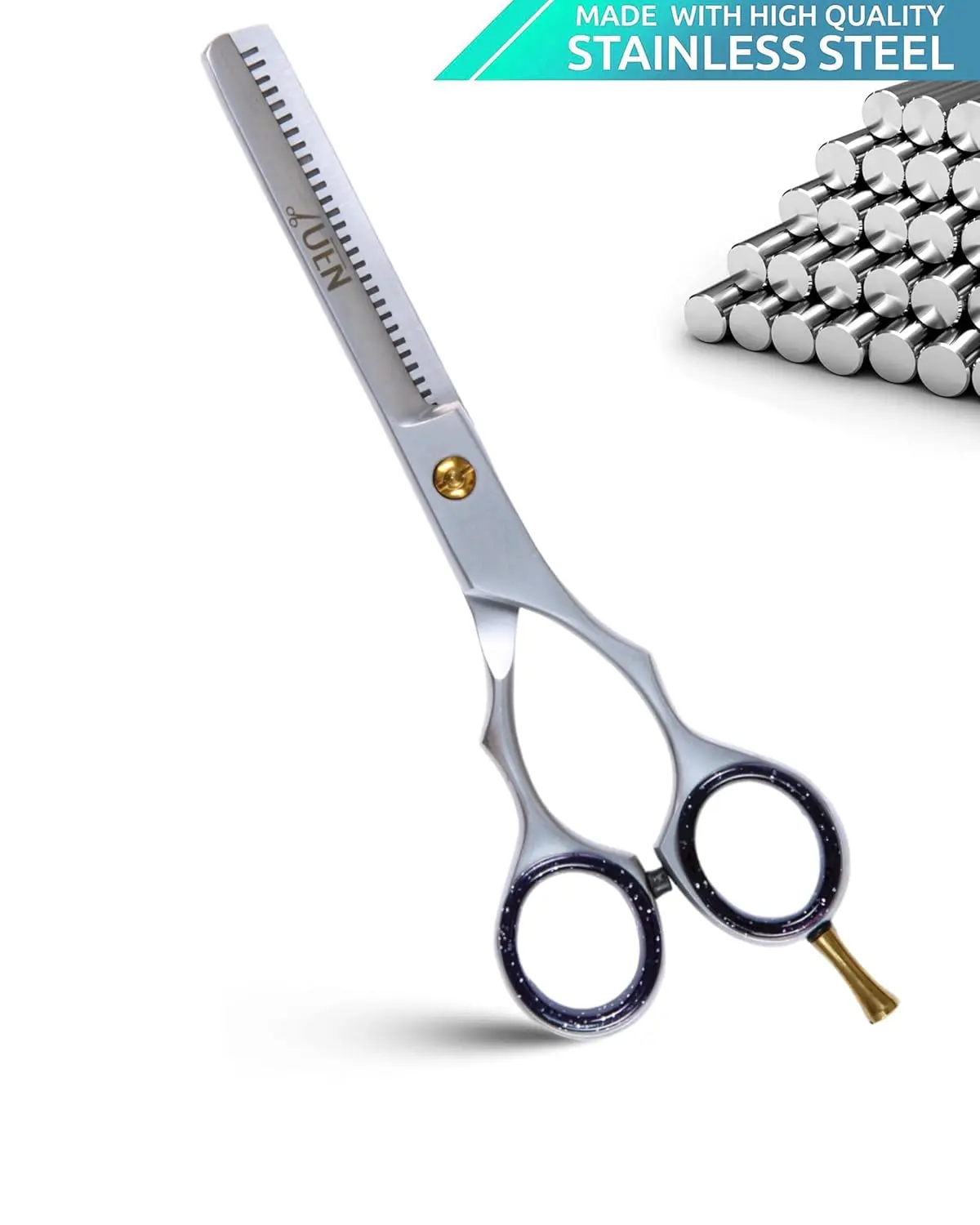 Professional thinning shears with stainless steel construction and ergonomic design, ideal for texturizing hair at home or in the salon.