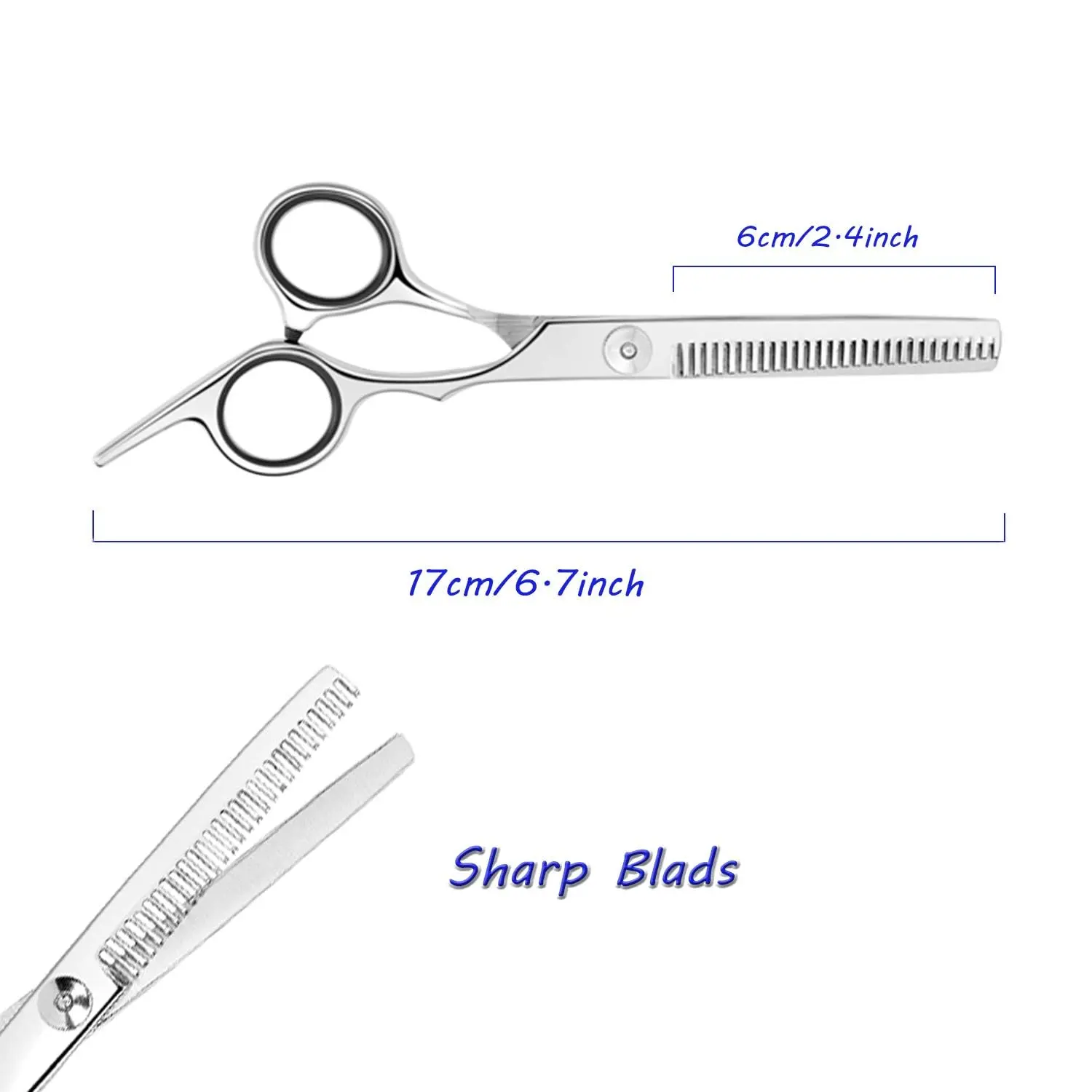 Close-up of 6.7 inch professional hair thinning shears made of 4CR stainless steel, showing the fine adjustment screw and teeth.