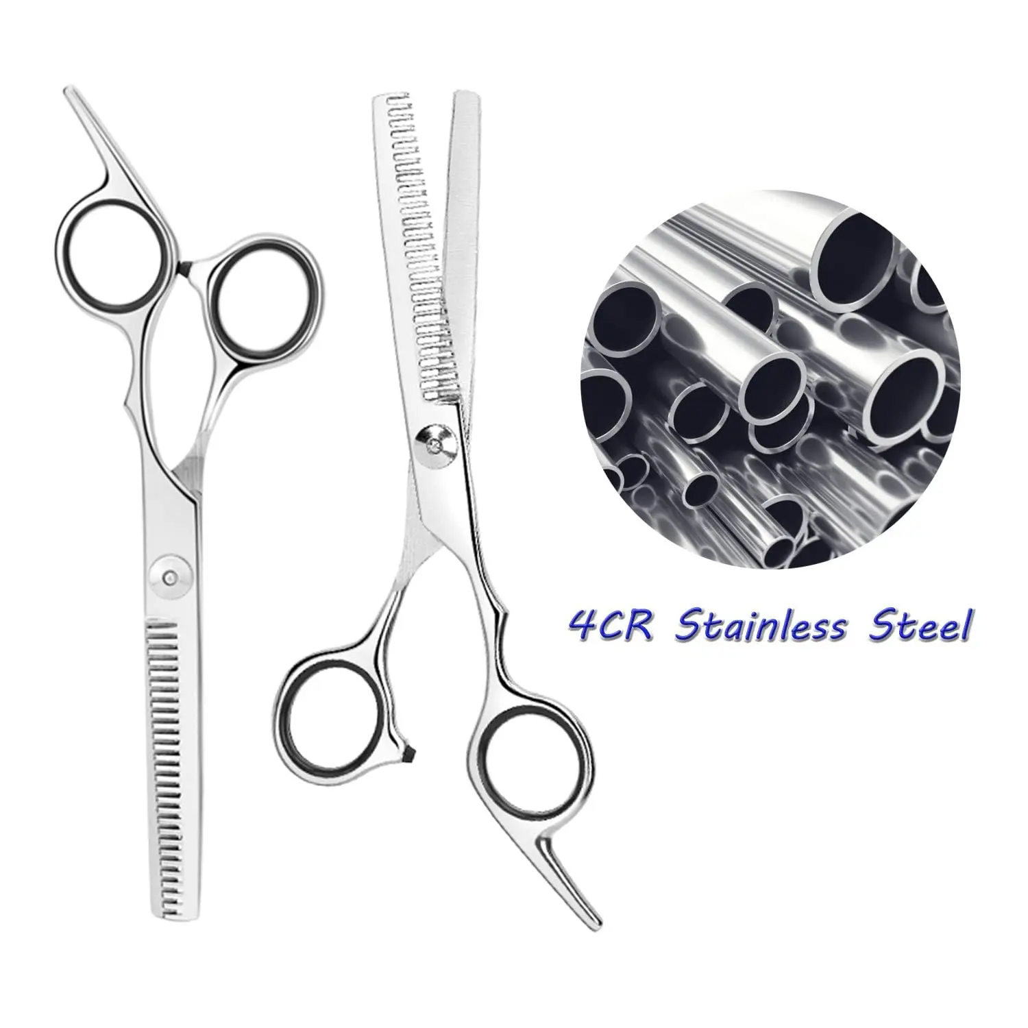 Close-up of 6.7 inch professional hair thinning shears made of 4CR stainless steel, showing the fine adjustment screw and teeth.