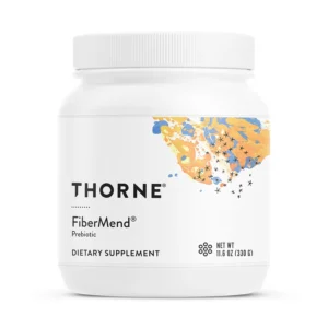 A container of THORNE FiberMend prebiotic fiber powder, designed to promote healthy bowel regularity and balanced gut flora with a well-tolerated, soluble fiber formula that mixes easily and is free from gluten and major allergens.