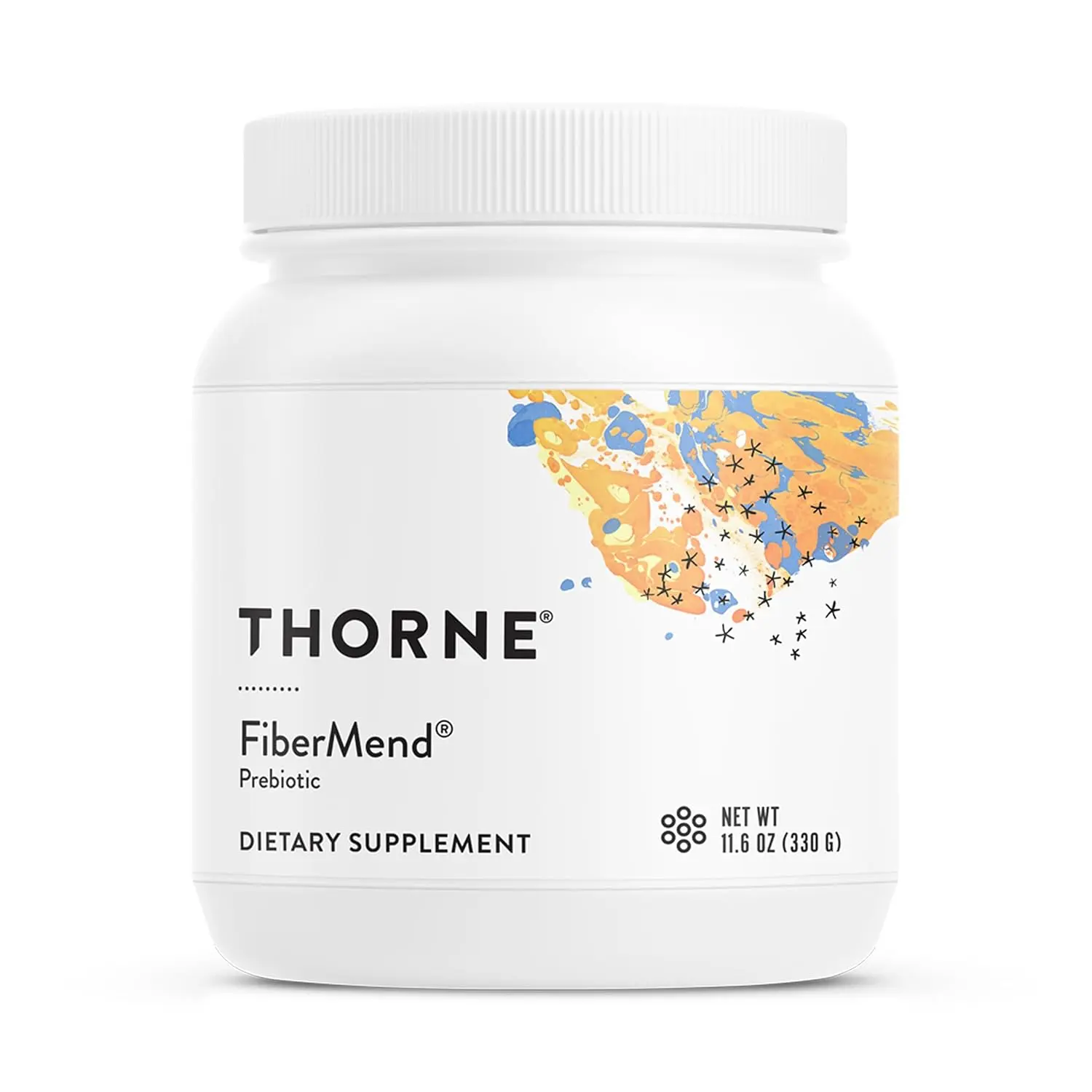 A container of THORNE FiberMend prebiotic fiber powder, designed to promote healthy bowel regularity and balanced gut flora with a well-tolerated, soluble fiber formula that mixes easily and is free from gluten and major allergens.