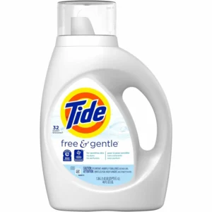Tide Free & Gentle liquid laundry detergent, dermatologist-recommended and hypoallergenic, provides a deep, gentle clean for sensitive skin and is safe for all washing machines.