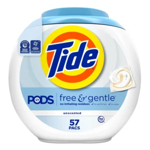 A package of 57 Tide Free and Gentle laundry detergent pods, perfect for achieving a deep clean while being gentle on sensitive skin, free of dyes and perfumes, and effective as a stain remover and color protector.