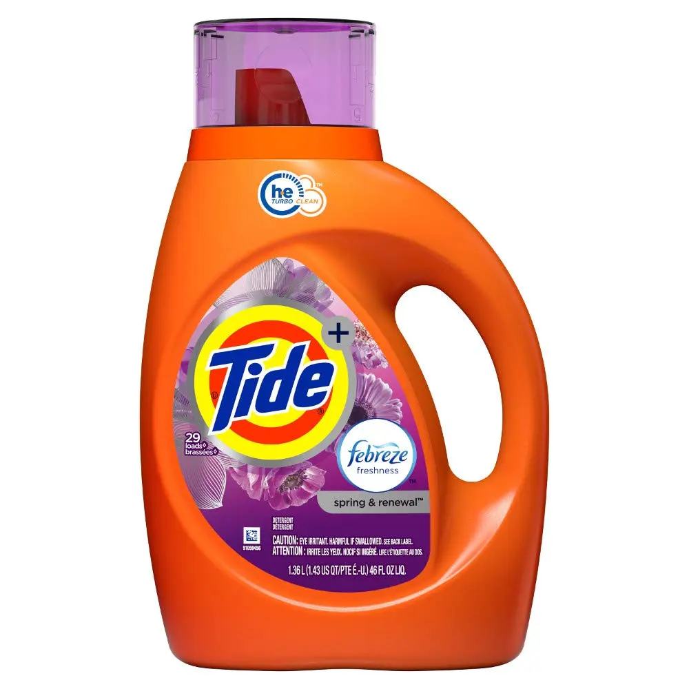 A bottle of Tide HE liquid laundry detergent in Spring & Renewal scent, offering 3x longer lasting freshness with motion-activated dual-scent pearls, designed for high efficiency washers.