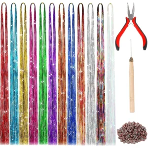 This tinsel hair extension kit features 2400 strands in 12 sparkling colors, perfect for adding glitter and charm to women's and girls' hairstyles for parties and cosplay.