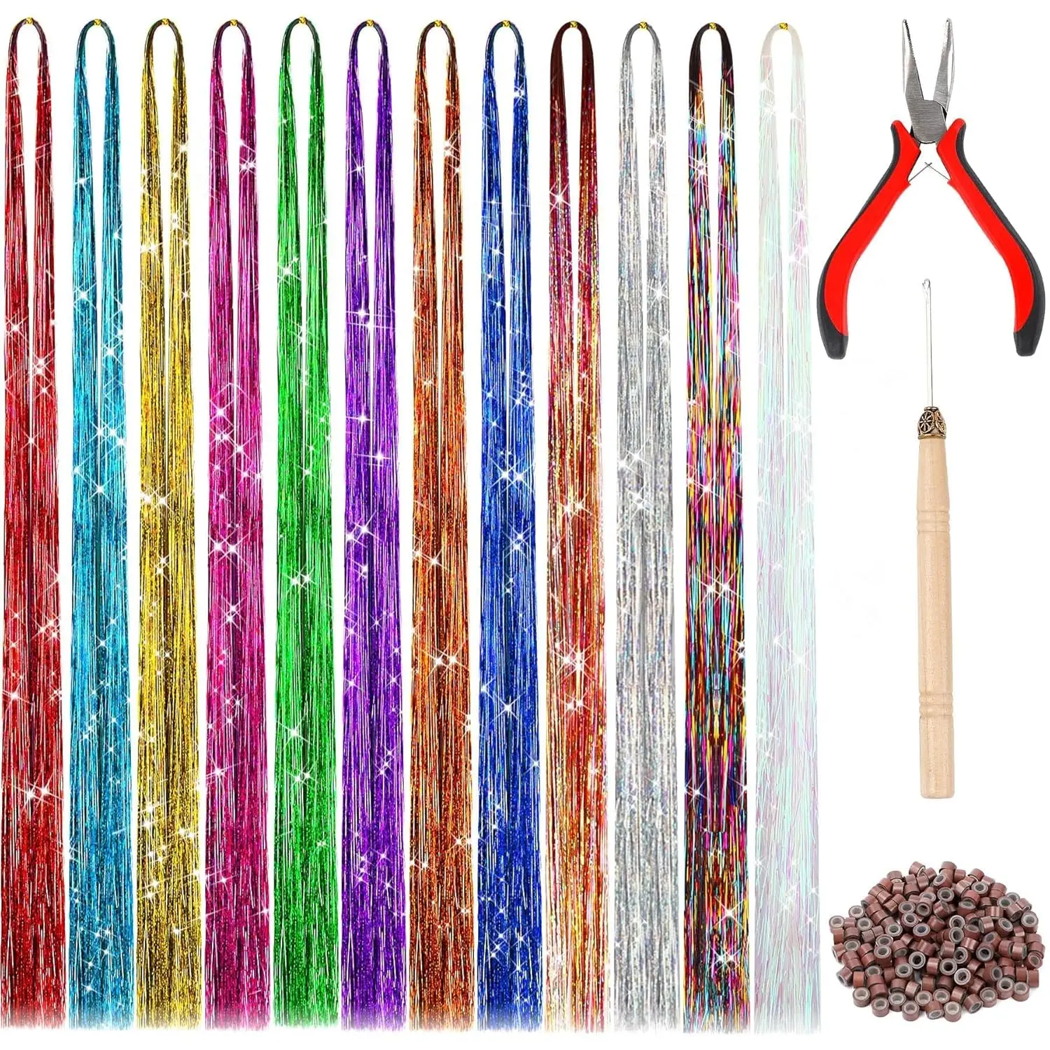 This tinsel hair extension kit features 2400 strands in 12 sparkling colors, perfect for adding glitter and charm to women's and girls' hairstyles for parties and cosplay.
