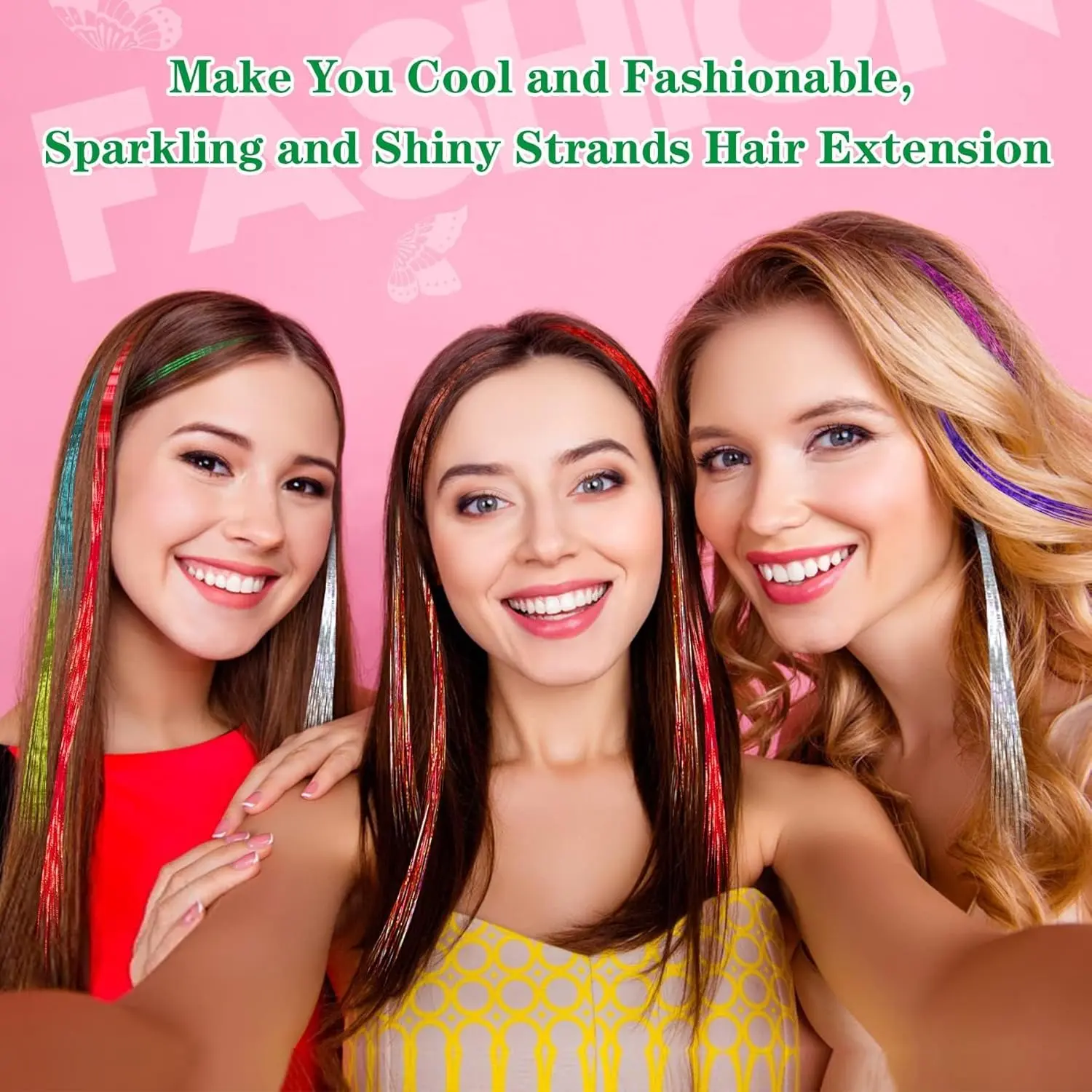 This tinsel hair extension kit features 2400 strands in 12 sparkling colors, perfect for adding glitter and charm to women's and girls' hairstyles for parties and cosplay.