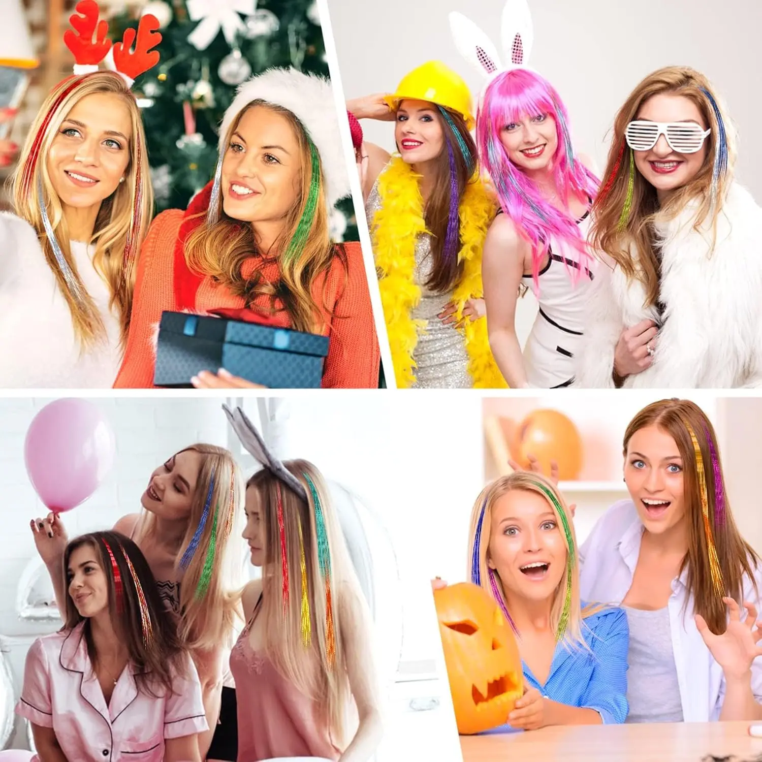 This tinsel hair extension kit features 2400 strands in 12 sparkling colors, perfect for adding glitter and charm to women's and girls' hairstyles for parties and cosplay.