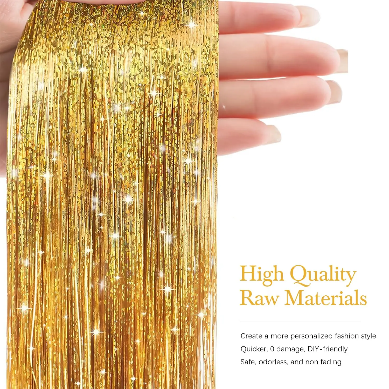 Eight packs of fifty-inch heat resistant tinsel hair extensions in various colors to add shine and sparkle to your hair.