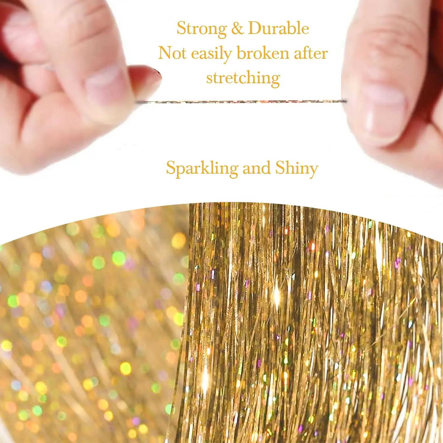 Eight packs of fifty-inch heat resistant tinsel hair extensions in various colors to add shine and sparkle to your hair.