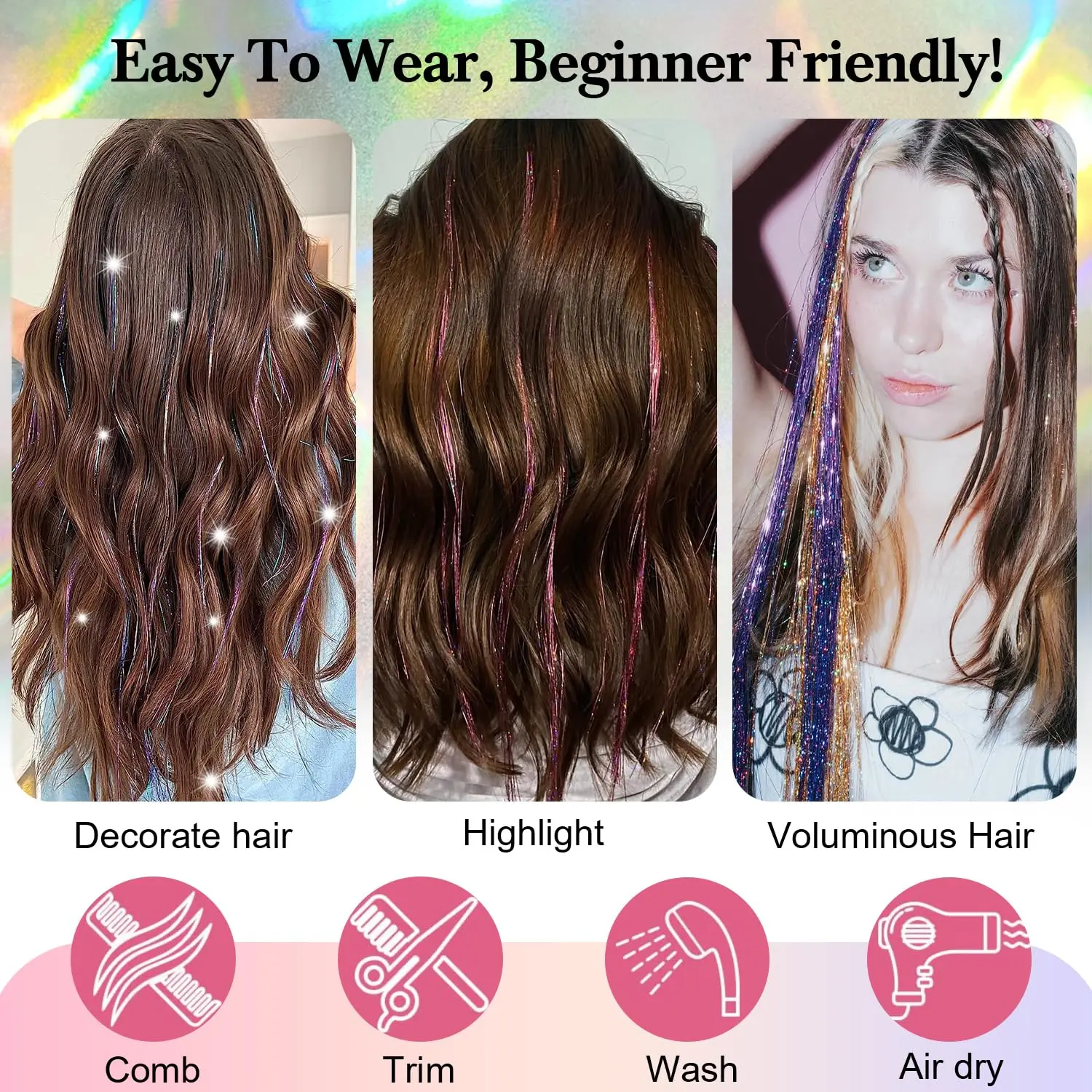 Eight packs of fifty-inch heat resistant tinsel hair extensions in various colors to add shine and sparkle to your hair.