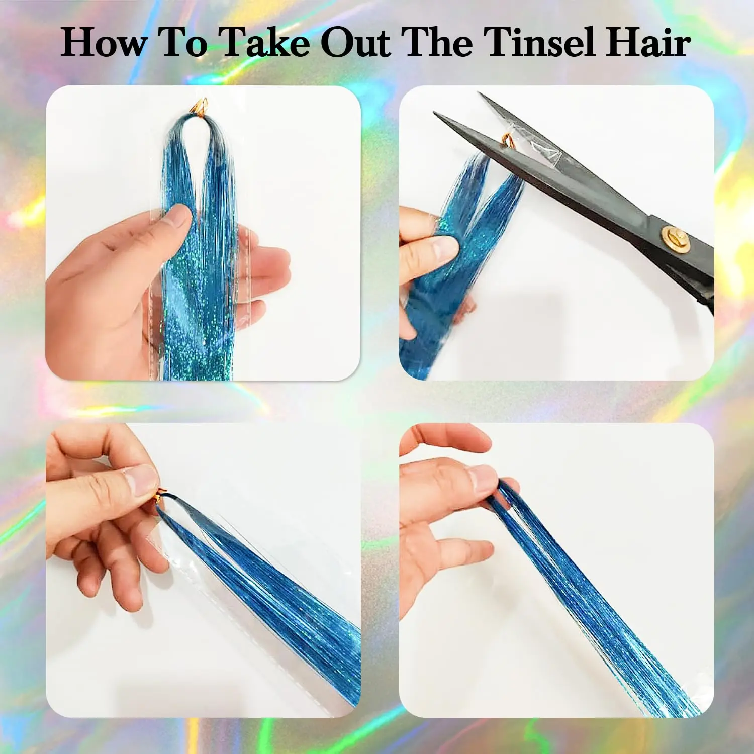 Eight packs of fifty-inch heat resistant tinsel hair extensions in various colors to add shine and sparkle to your hair.
