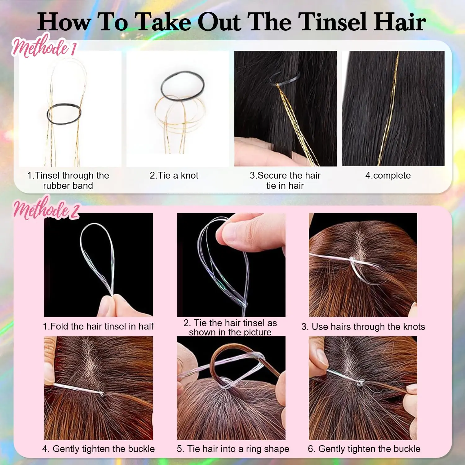 Eight packs of fifty-inch heat resistant tinsel hair extensions in various colors to add shine and sparkle to your hair.