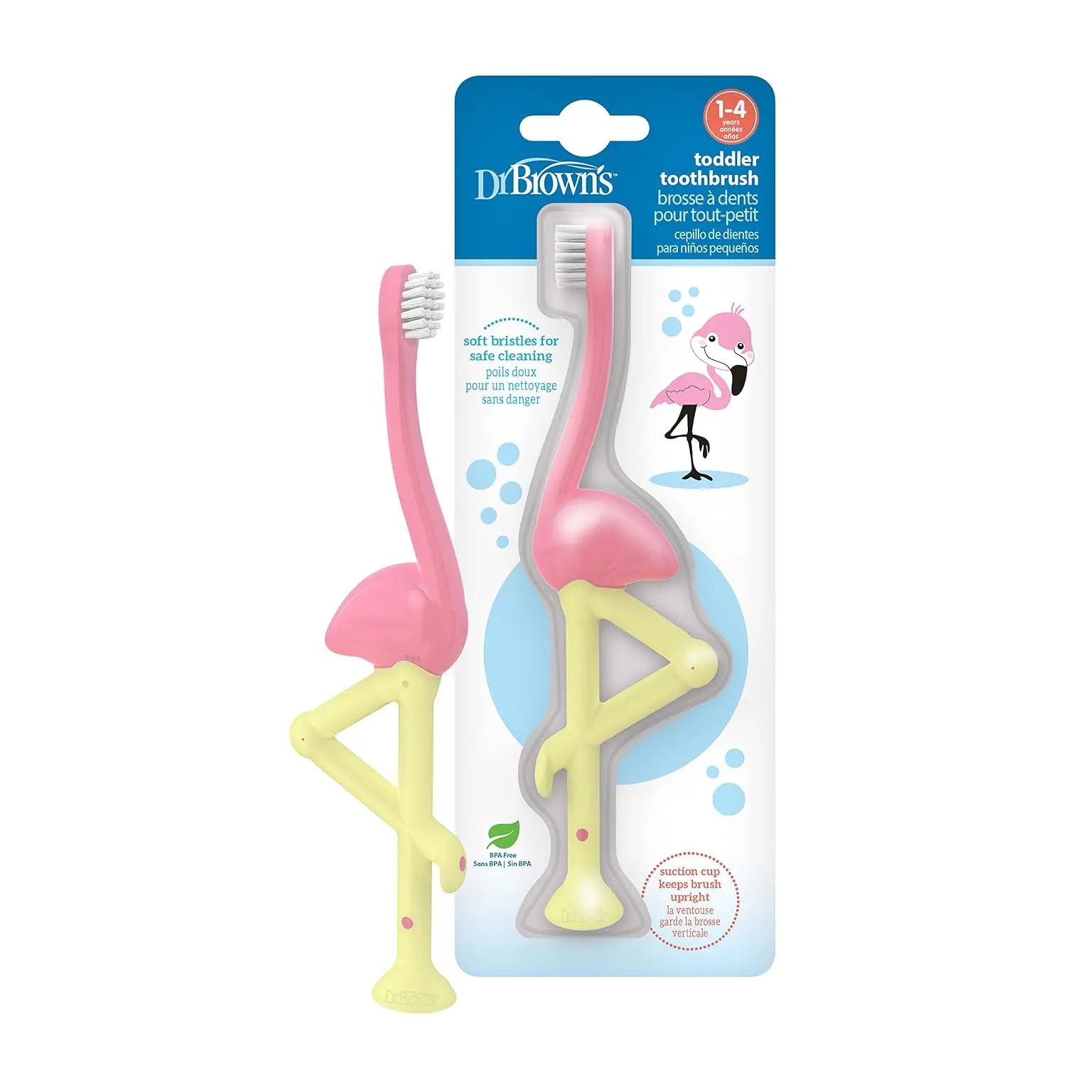 A flamingo toddler toothbrush with soft, BPA-free bristles gently cleans a child's teeth and gums.