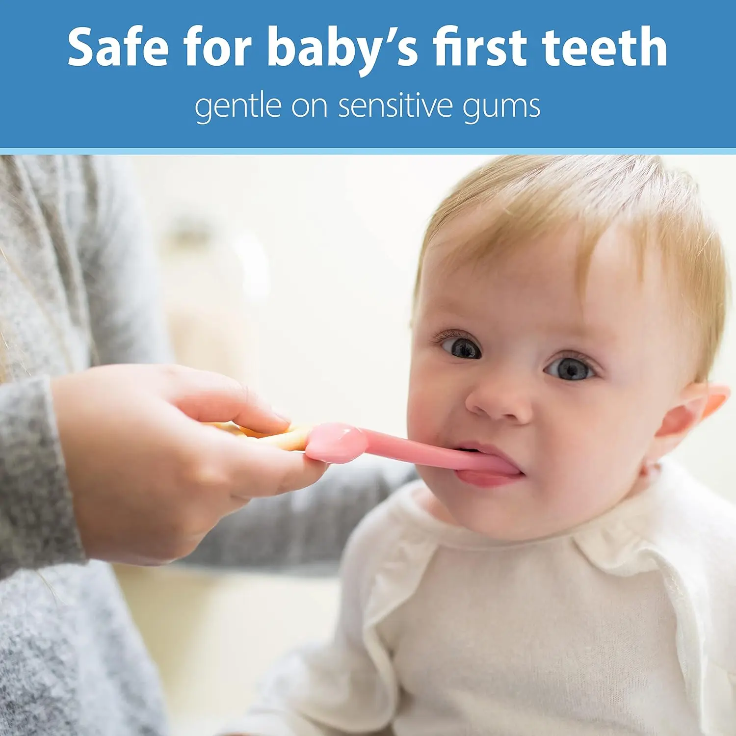 A flamingo toddler toothbrush with soft, BPA-free bristles gently cleans a child's teeth and gums.