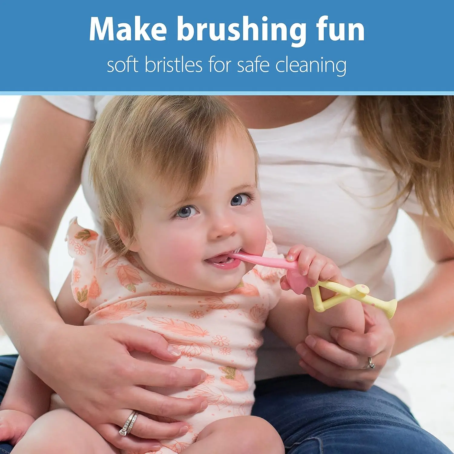 A flamingo toddler toothbrush with soft, BPA-free bristles gently cleans a child's teeth and gums.