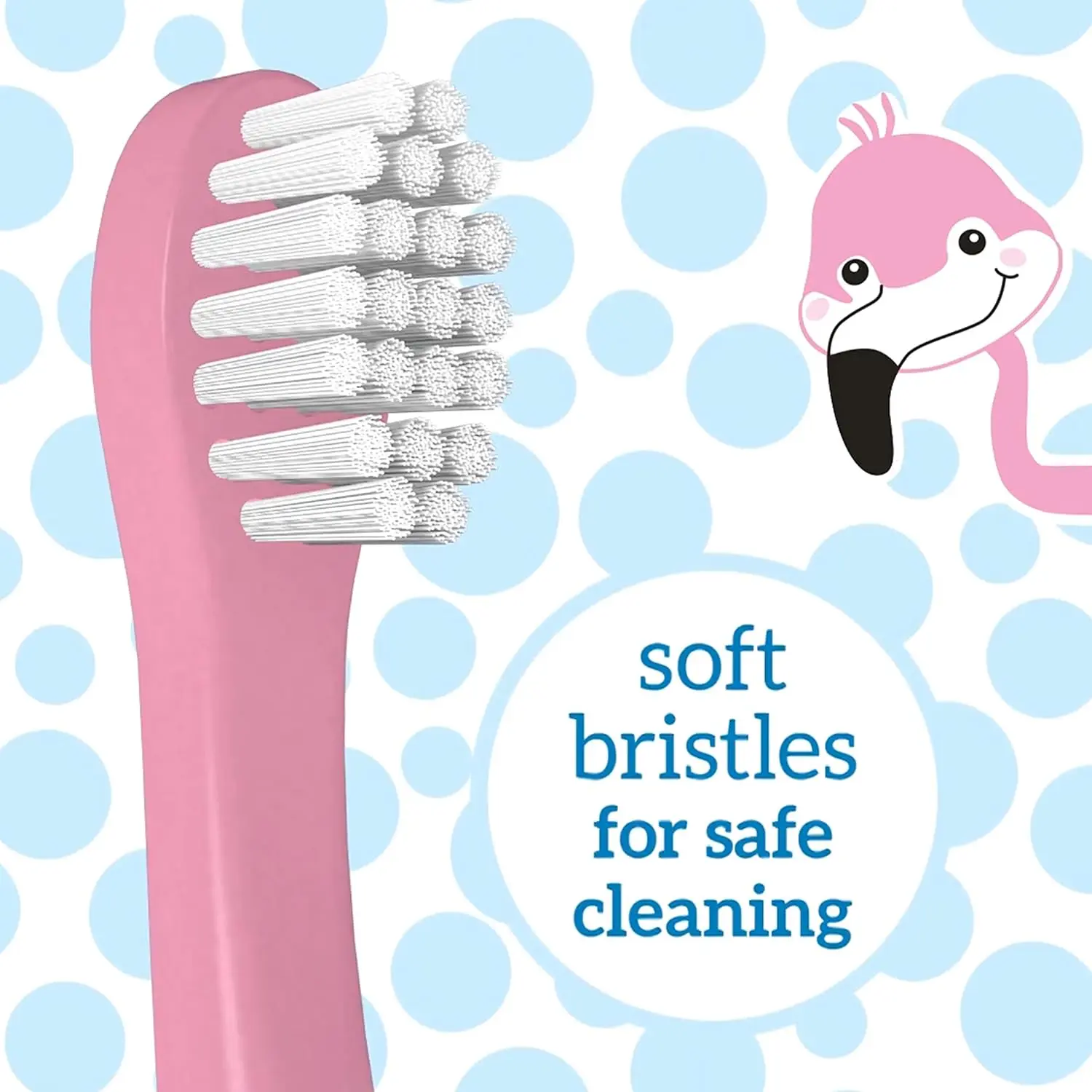 A flamingo toddler toothbrush with soft, BPA-free bristles gently cleans a child's teeth and gums.