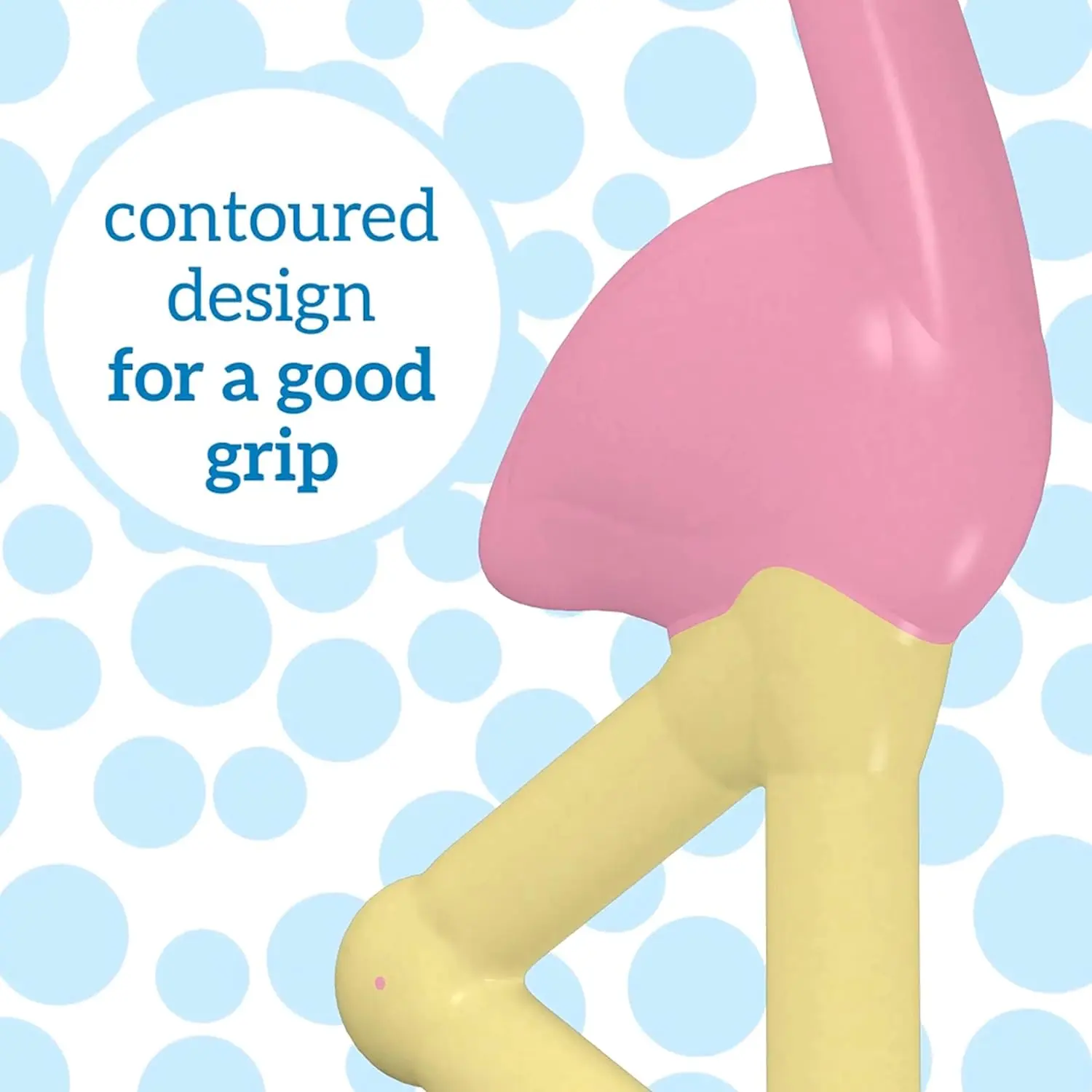 A flamingo toddler toothbrush with soft, BPA-free bristles gently cleans a child's teeth and gums.