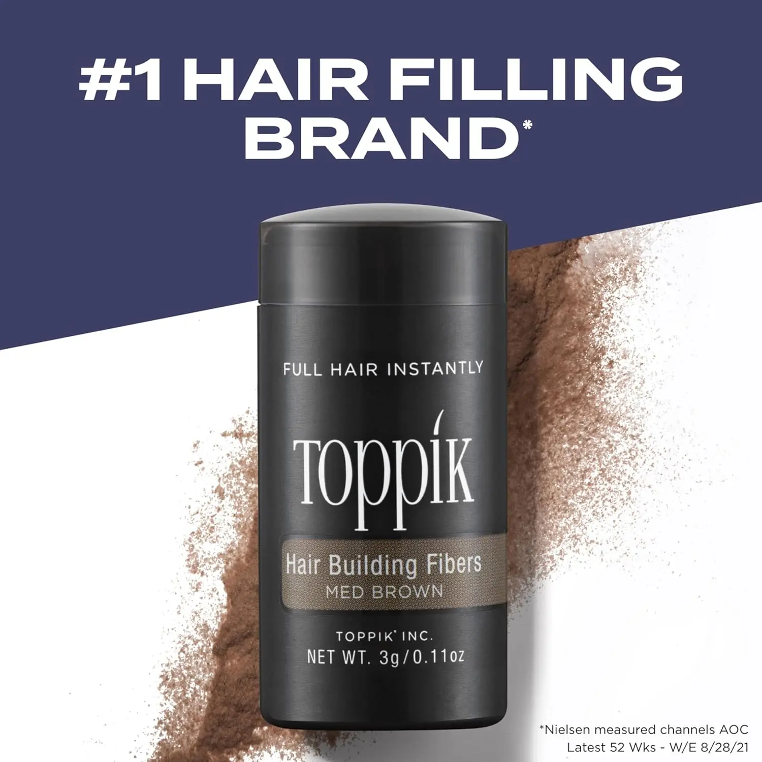 Toppik hair fibers instantly create thicker, fuller hair by statically clinging to existing hair and concealing thinning areas.