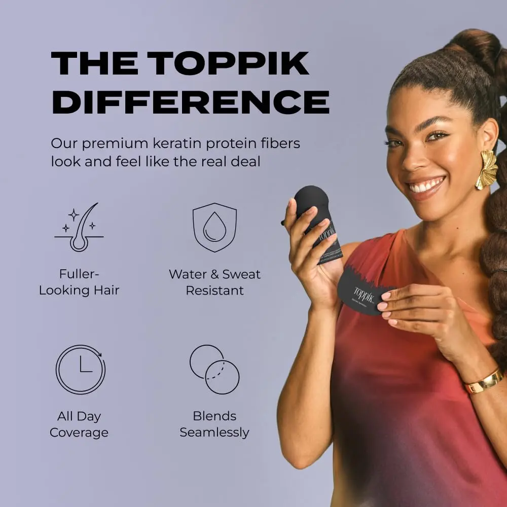 Toppik hair building fibers instantly create thicker, fuller-looking hair by clinging to existing strands and concealing thinning areas with natural keratin protein.