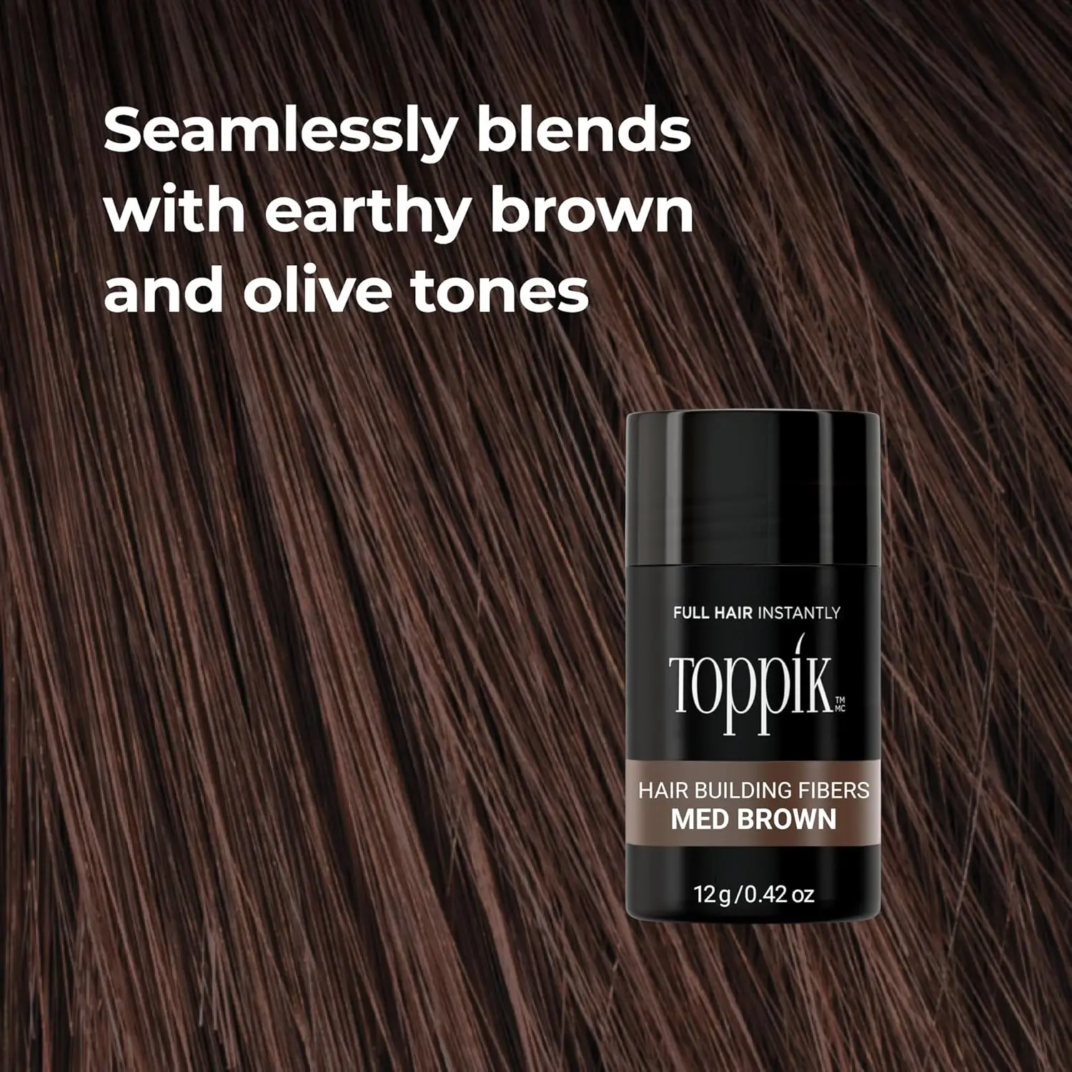 Toppik hair fibers instantly create thicker, fuller hair by statically clinging to existing hair and concealing thinning areas.